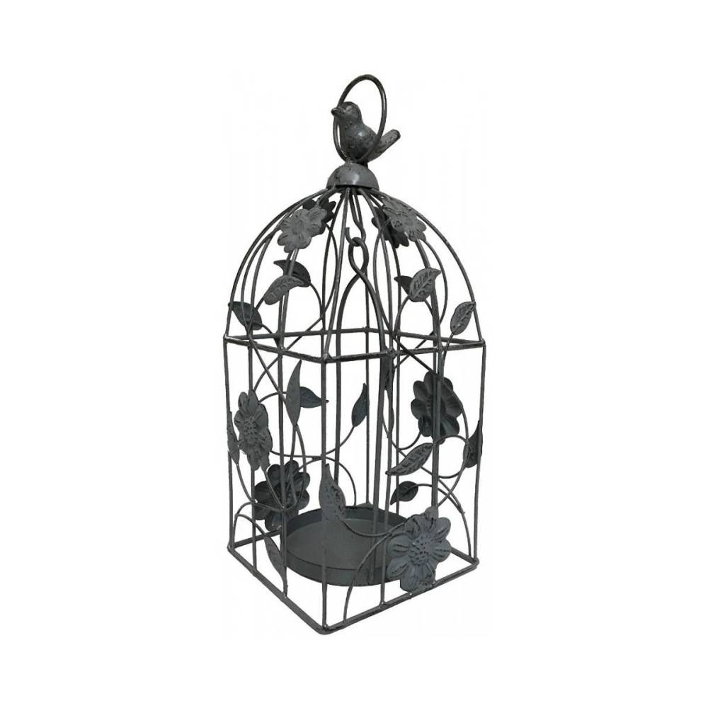 Cage à oiseaux décorative ancienne métal gris 13x13x34cm Chemin de campagne - Image 1