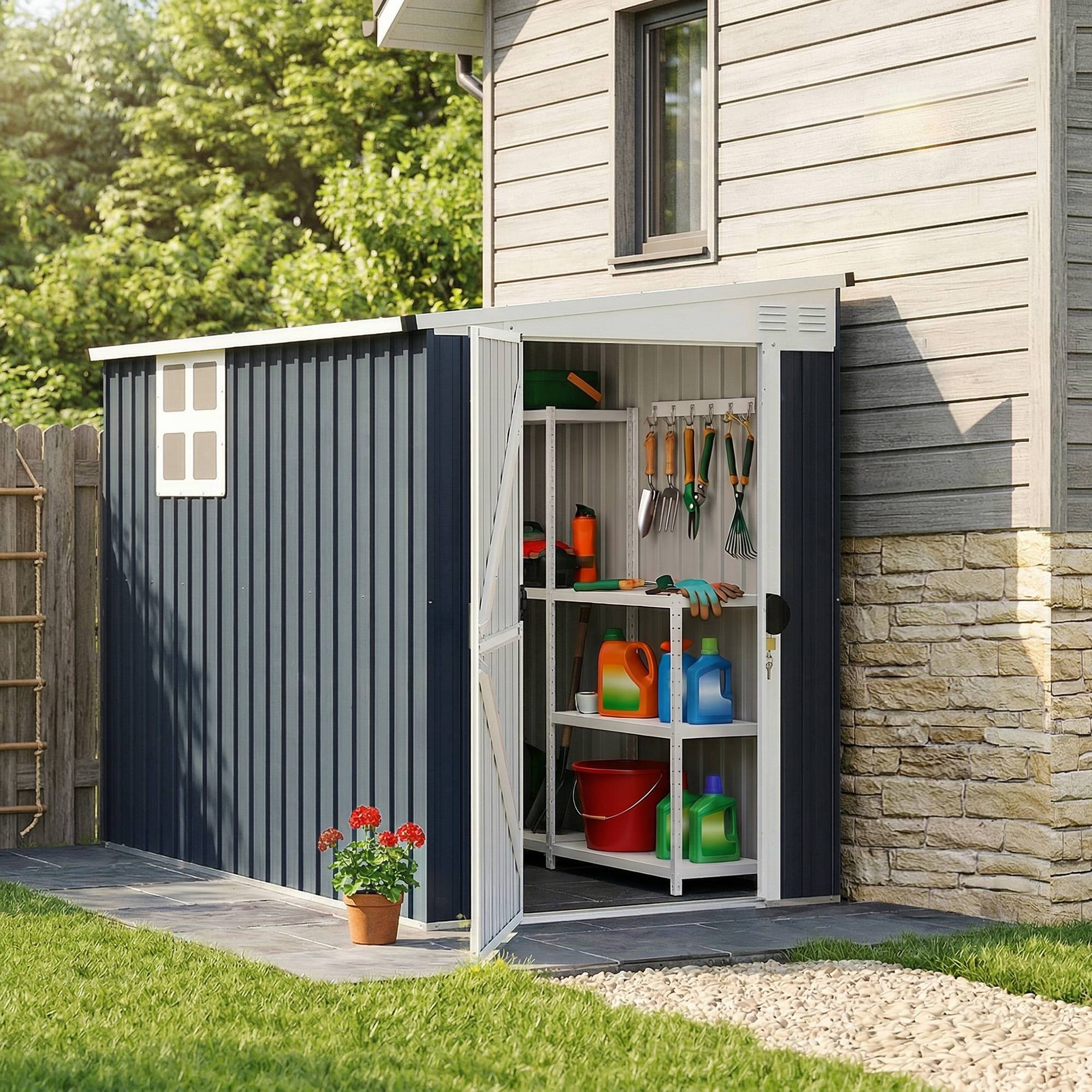 ComfortXL - Abri de jardin acier galvanisé 128 x 231 cm gris foncé avec fenêtre et porte verrouillable - ComfortXL Outdoor Living - Image 4