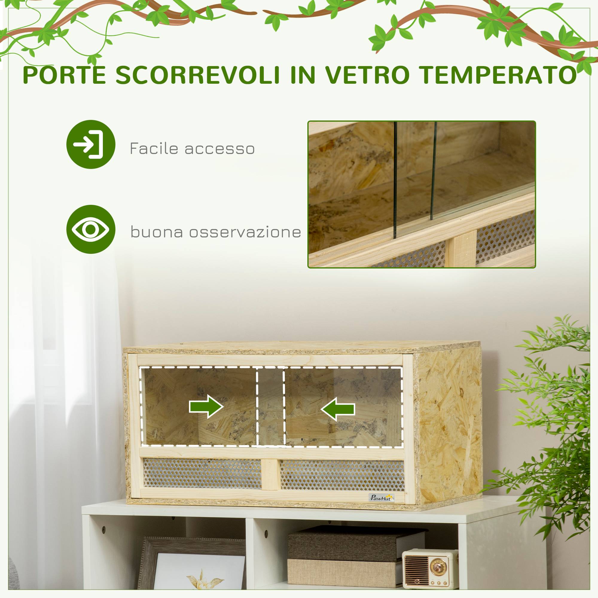 Terrarium reptile bois 60×29,5×29,5cm, portes vitrées coulissantes, panneaux grillagés - Image 8