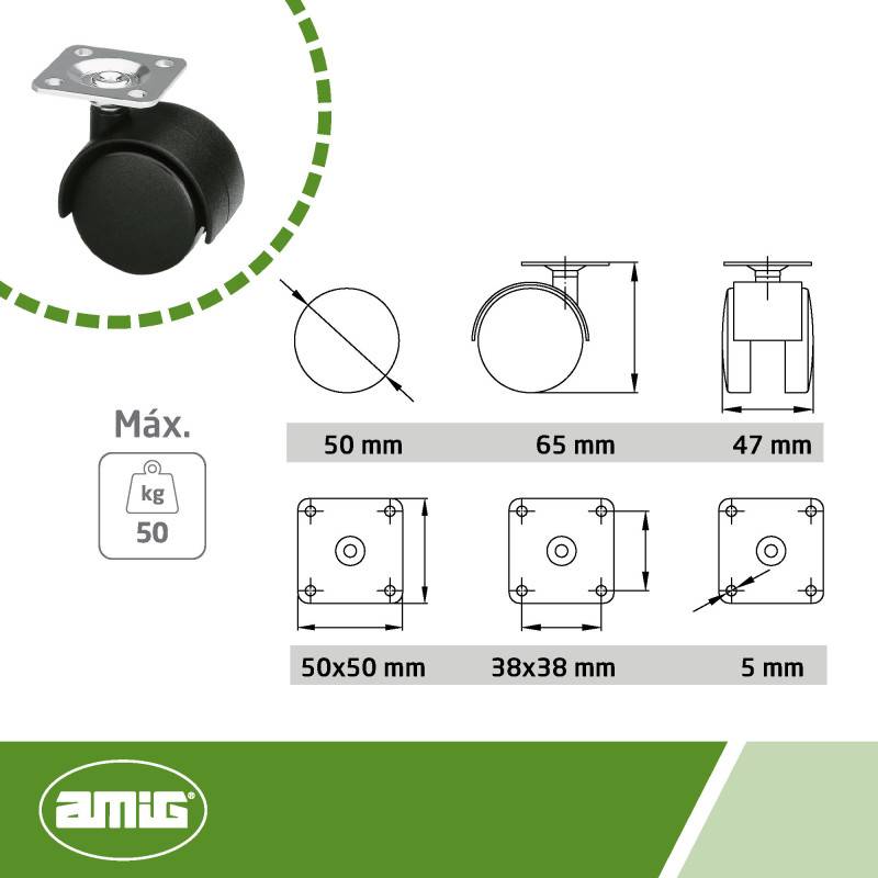 Lot de 4 roulettes 1500 - 50 mm - Nylon - Noir | Amig - Image 6