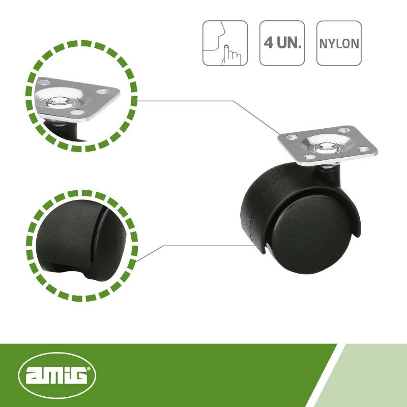 Lot de 4 roulettes 1500 - 50 mm - Nylon - Noir | Amig - Image 4