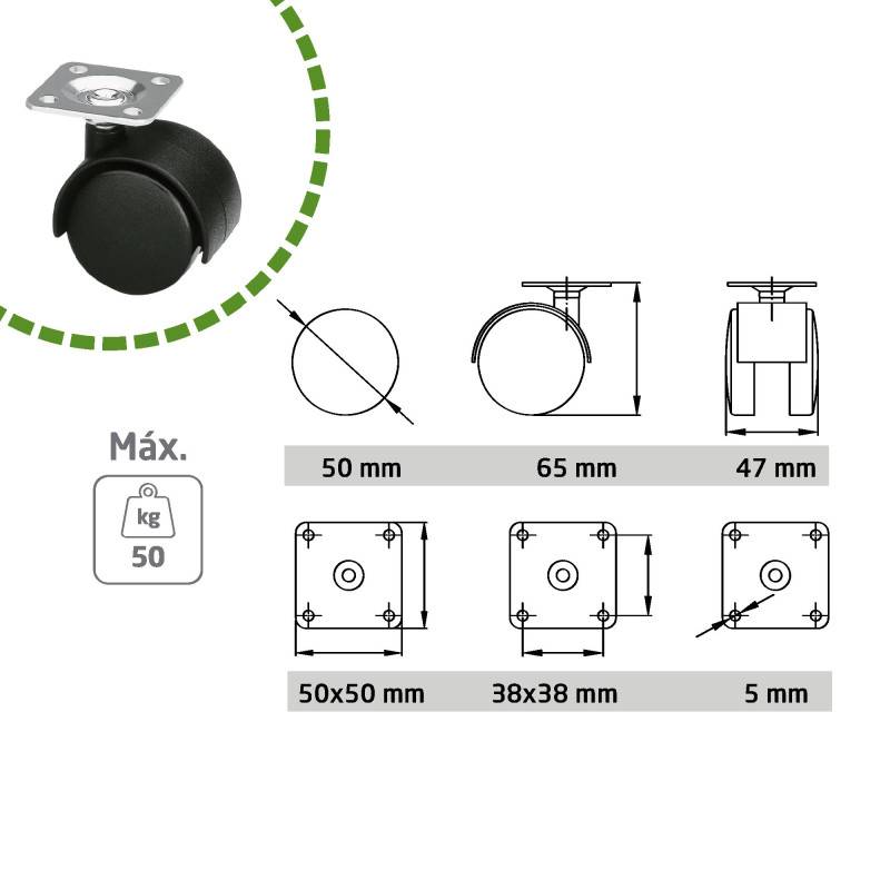 Lot de 4 roulettes 1500 - 50 mm - Nylon - Noir | Amig - Image 5