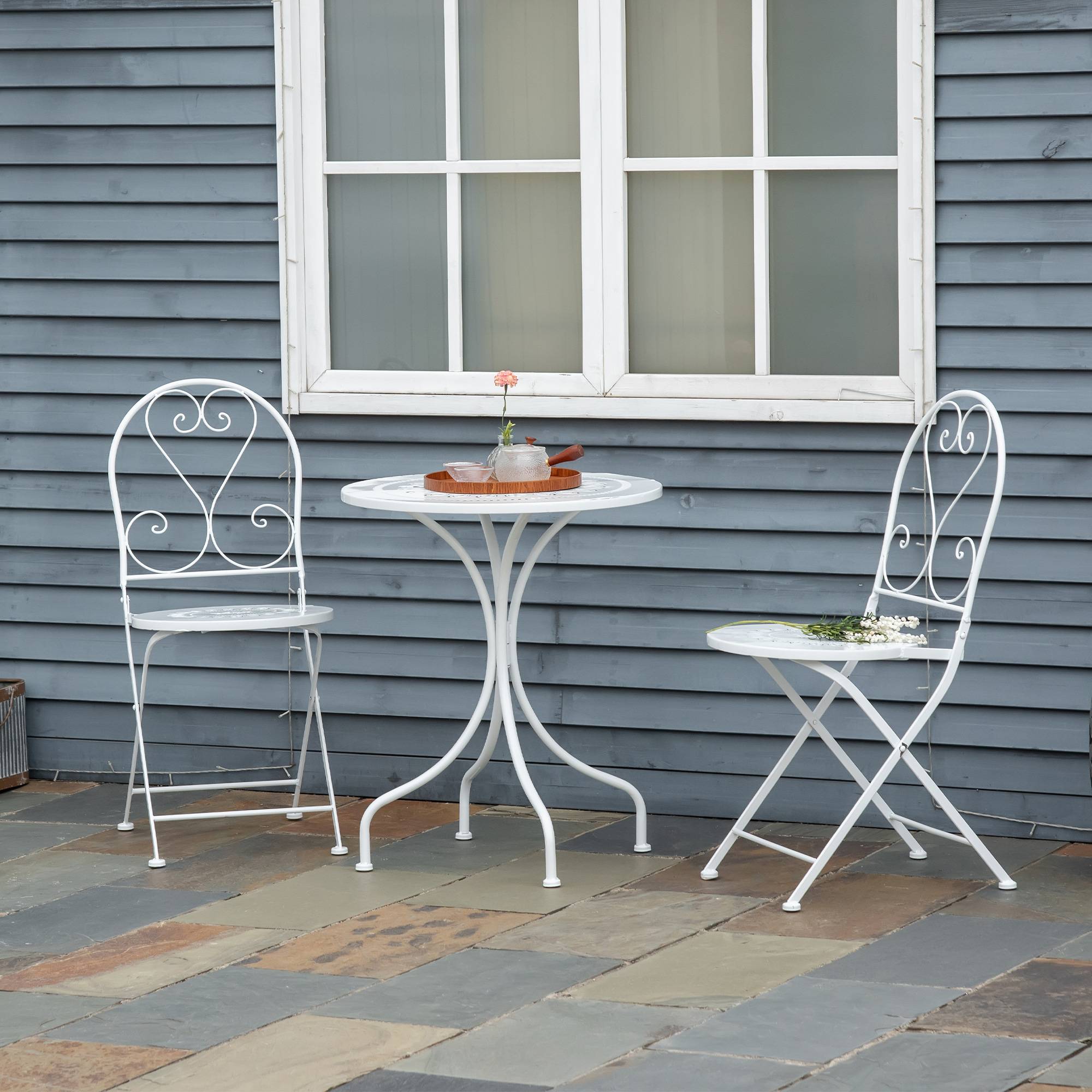 Outsunny - Ensemble de jardin bistro 3 pièces 2 chaises pliantes et table ronde en métal époxy blanc - Outsunny - Image 2