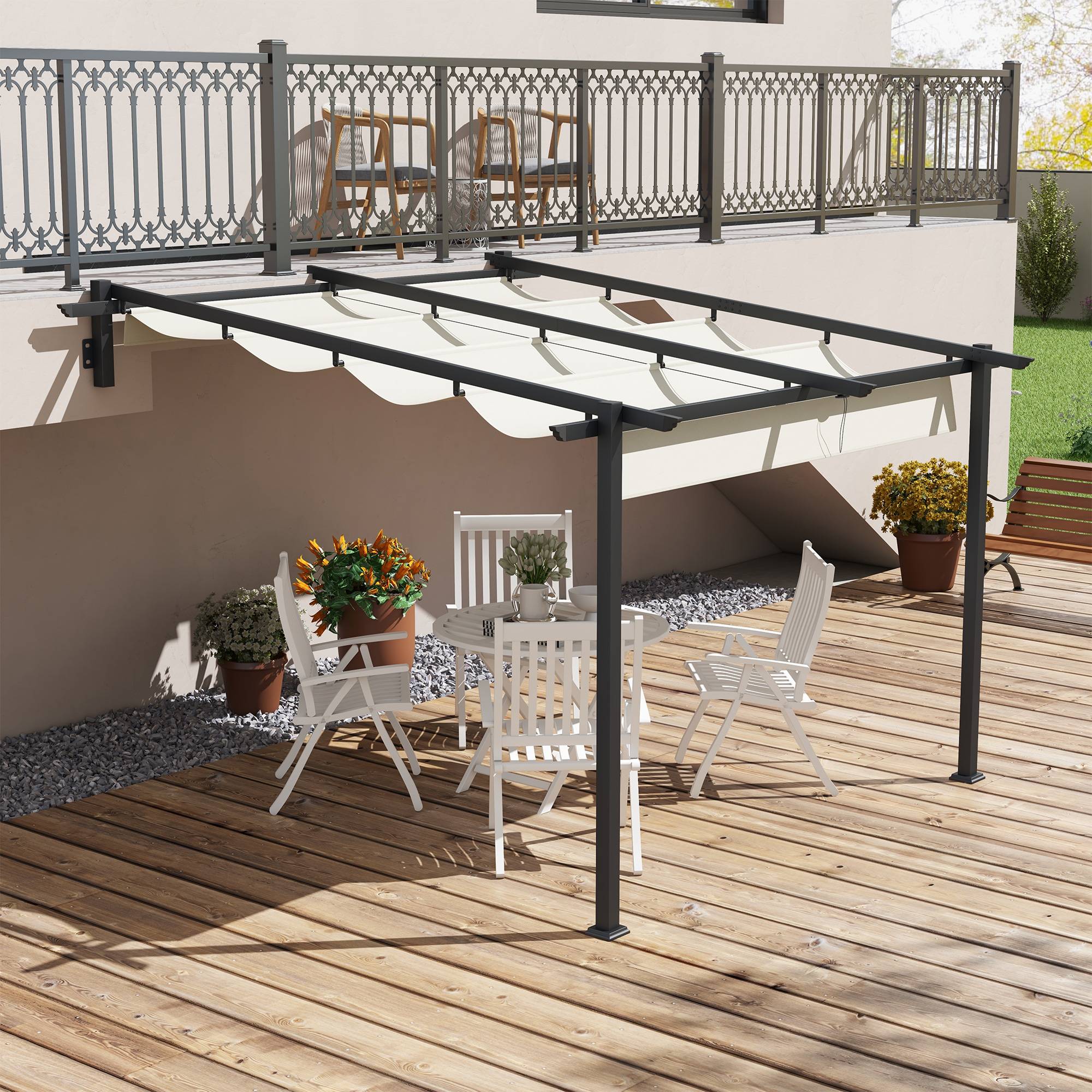 Pergola Adossée Métal Toit Rétractable 3x3m Crème Ombrage Terrasse - ComfortXL Outdoor Living - Image 1