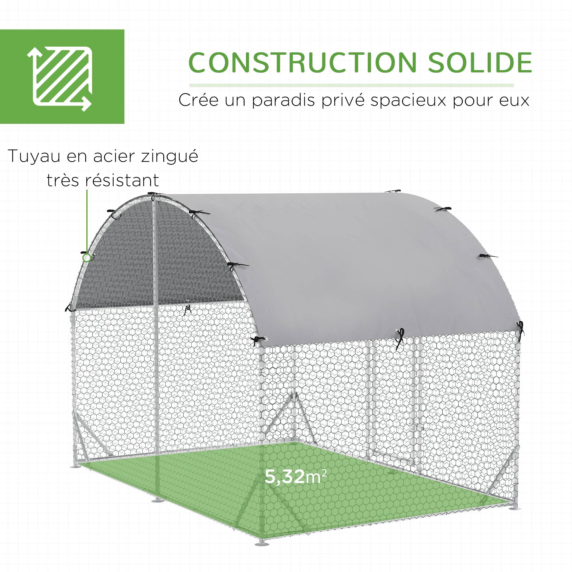 Sans Marque - Grand enclos poulailler 5,32 ㎡ parc grillagé toit anti-UV porte verouillable 2,8 x 1,9 x 1,97 m argenté - Image 8