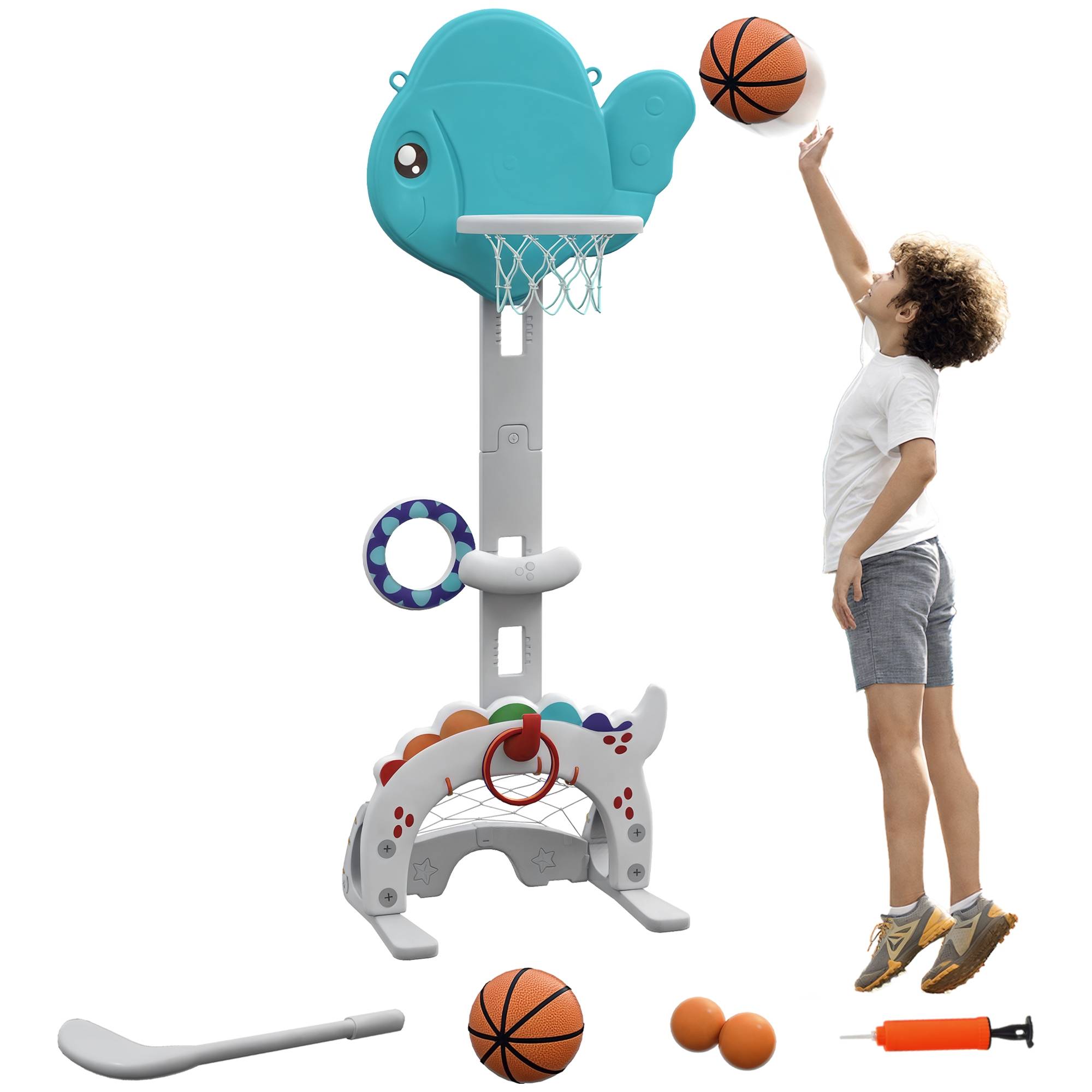 Panier de basket-ball pour enfants 5 en 1 hauteur réglable but de football balle de golf lancer d'anneaux bleu et gris - Image 1