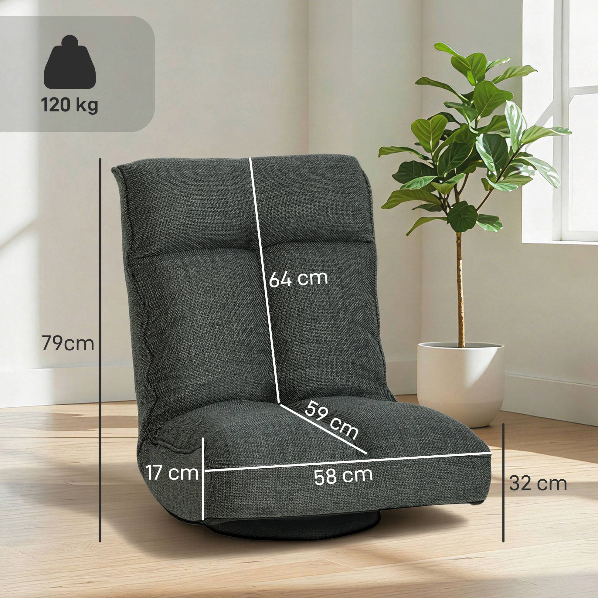 Fauteuil de sol pliable pivotant à 360°, chaise de sol rembourré avec dossier réglable en 5 positions, 58x107x79cm, gris - Image 5