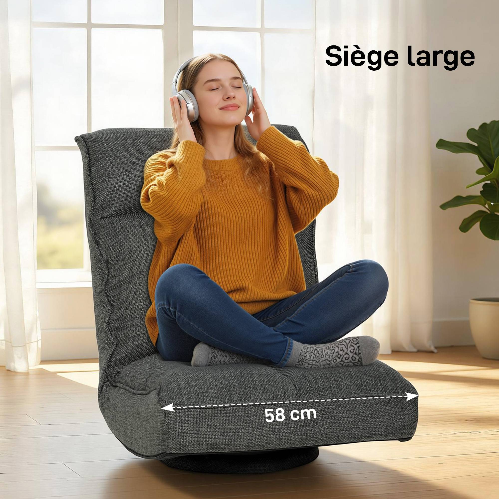 Fauteuil de sol pliable pivotant à 360°, chaise de sol rembourré avec dossier réglable en 5 positions, 58x107x79cm, gris - Image 7