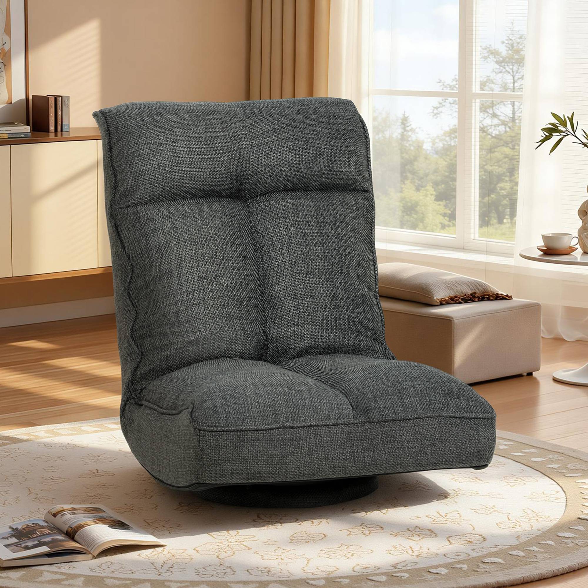 Fauteuil de sol pliable pivotant à 360°, chaise de sol rembourré avec dossier réglable en 5 positions, 58x107x79cm, gris - Image 4