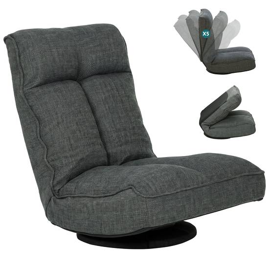 Fauteuil de sol pliable pivotant à 360°, chaise de sol rembourré avec dossier réglable en 5 positions, 58x107x79cm, gris - Image 1
