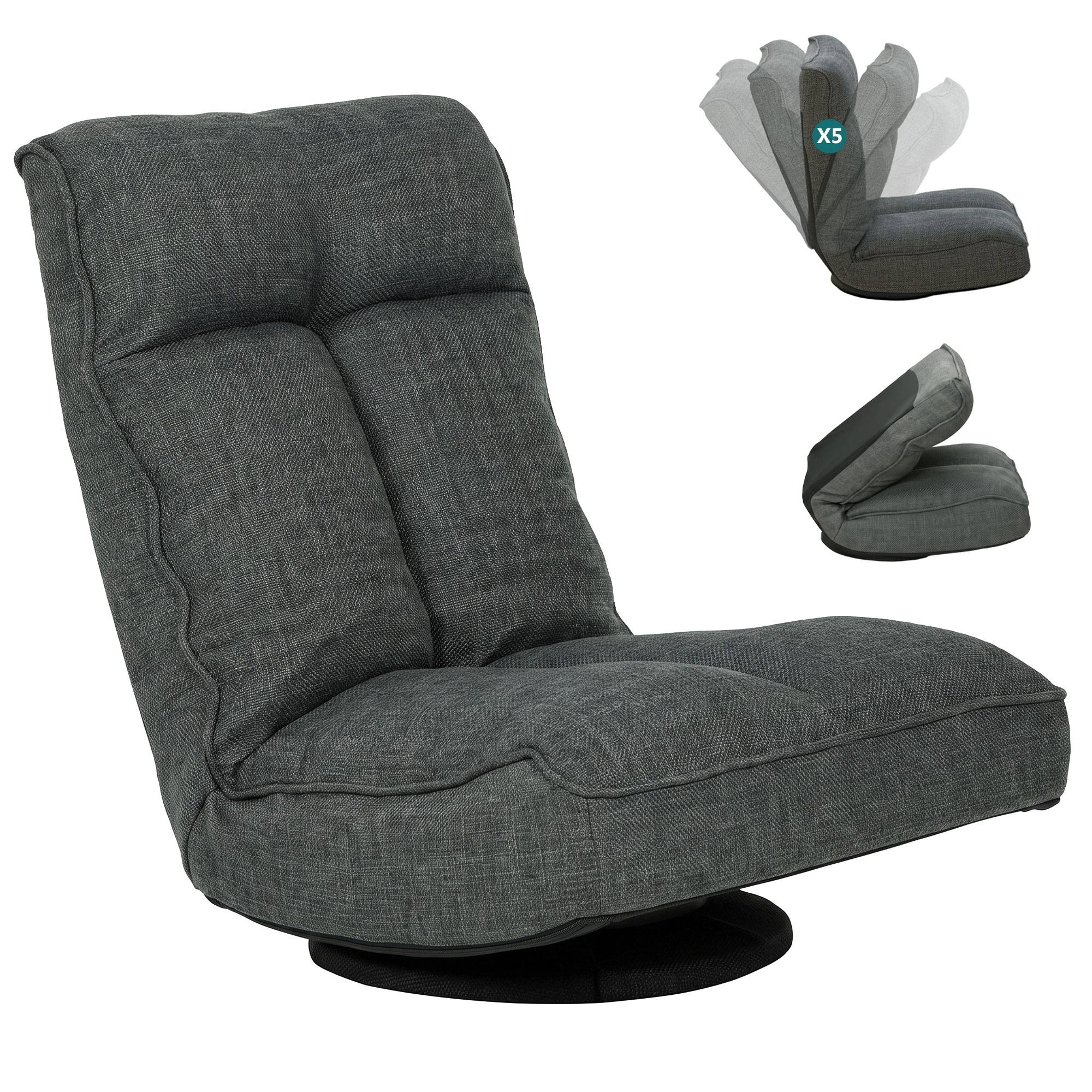 Fauteuil de sol pliable pivotant à 360°, chaise de sol rembourré avec dossier réglable en 5 positions, 58x107x79cm, gris - Image 1