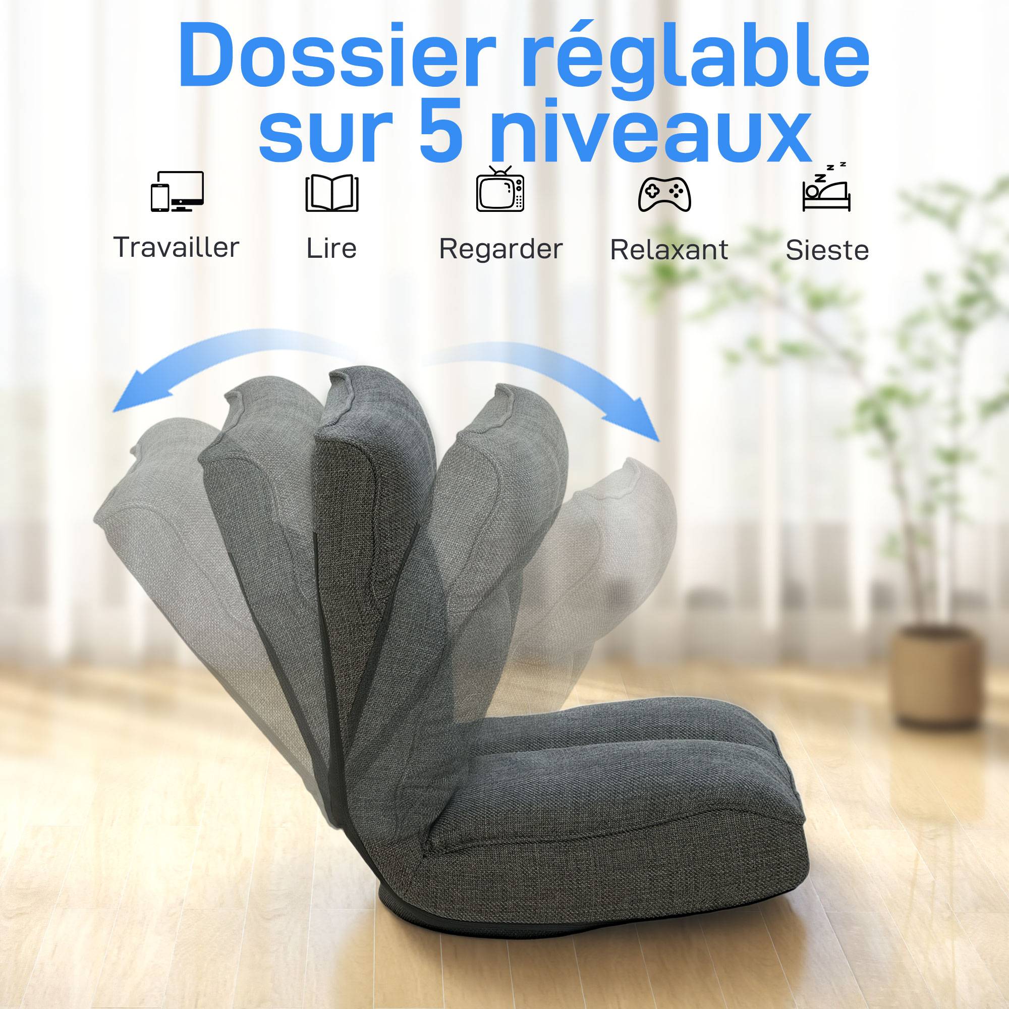 Fauteuil de sol pliable pivotant à 360°, chaise de sol rembourré avec dossier réglable en 5 positions, 58x107x79cm, gris - Image 6