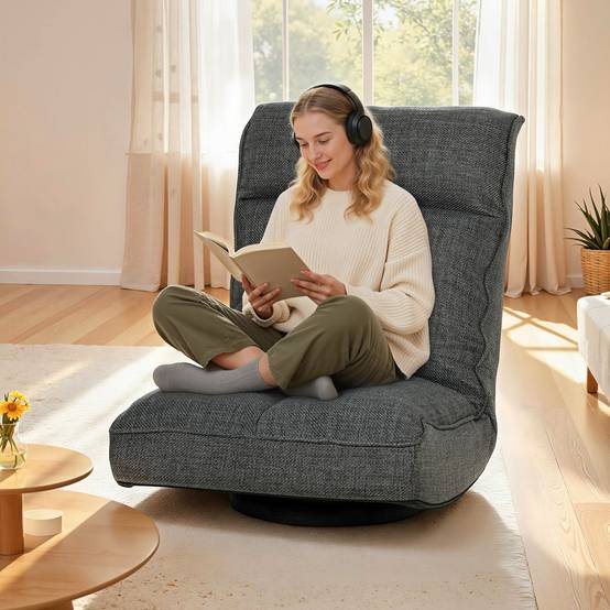 Fauteuil de sol pliable pivotant à 360°, chaise de sol rembourré avec dossier réglable en 5 positions, 58x107x79cm, gris - Image 10