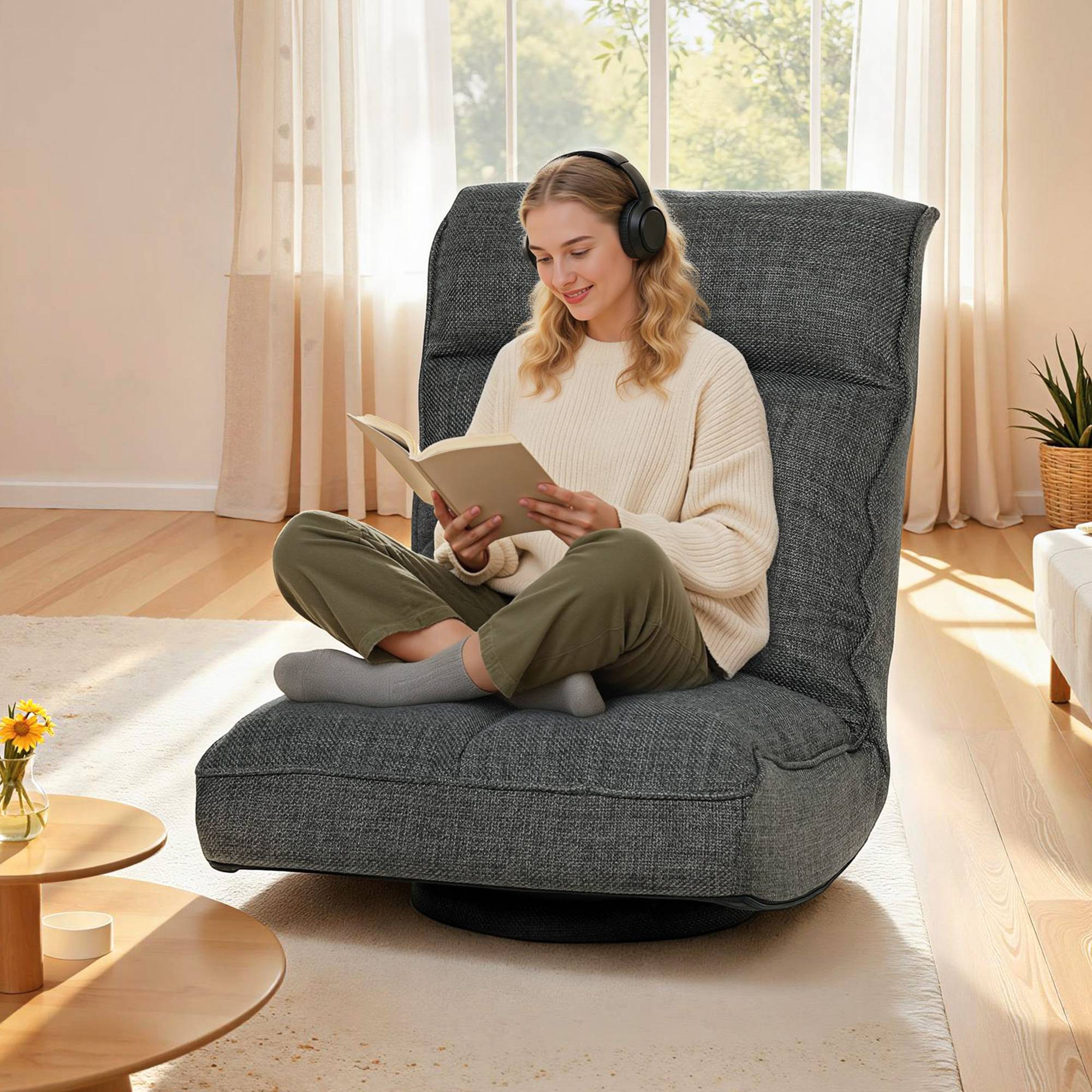 Fauteuil de sol pliable pivotant à 360°, chaise de sol rembourré avec dossier réglable en 5 positions, 58x107x79cm, gris - Image 10