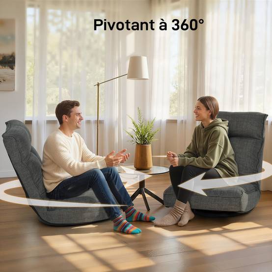 Fauteuil de sol pliable pivotant à 360°, chaise de sol rembourré avec dossier réglable en 5 positions, 58x107x79cm, gris - Image 9
