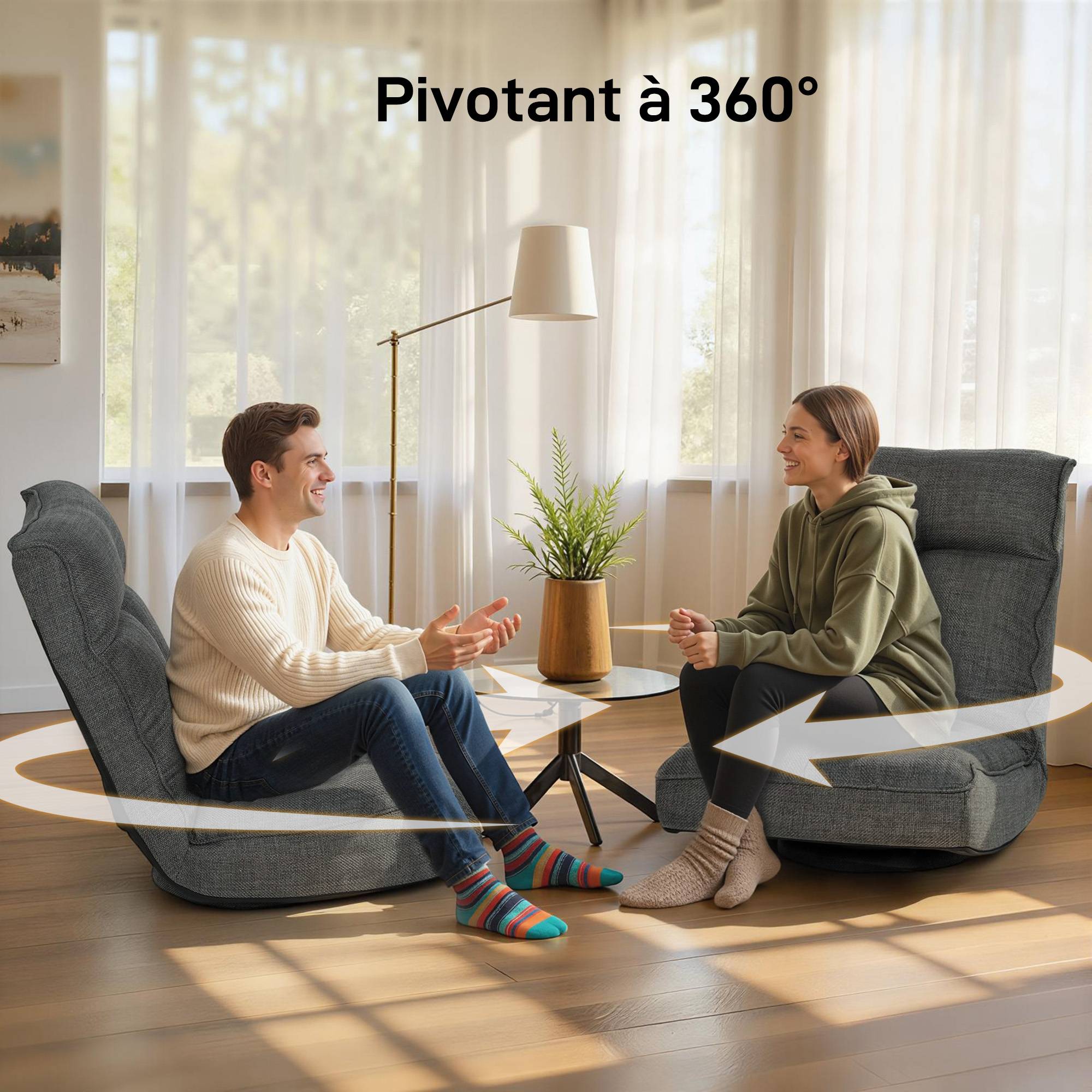Fauteuil de sol pliable pivotant à 360°, chaise de sol rembourré avec dossier réglable en 5 positions, 58x107x79cm, gris - Image 9