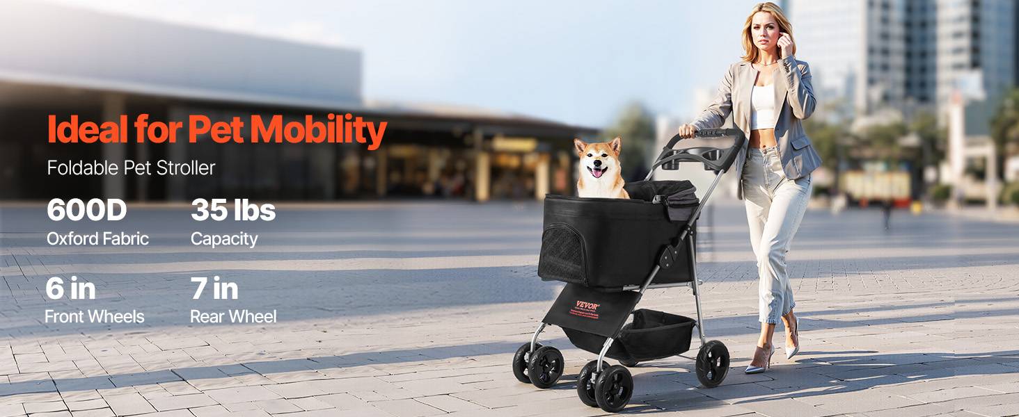 Vevor - VEVOR Poussette pour chien pliable, capacité 16 kg, 4 roues avec freins arrière, fenêtres en maille respirante. - Image 9