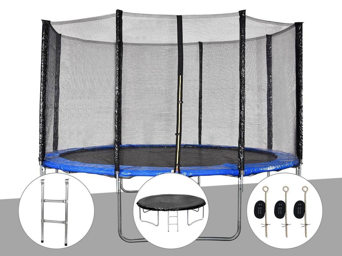 Jardideco - Kit trampoline Jardideco Cronos Ø 3,66 m Bleu + Echelle + Bâche de protection + Kit d'ancrage