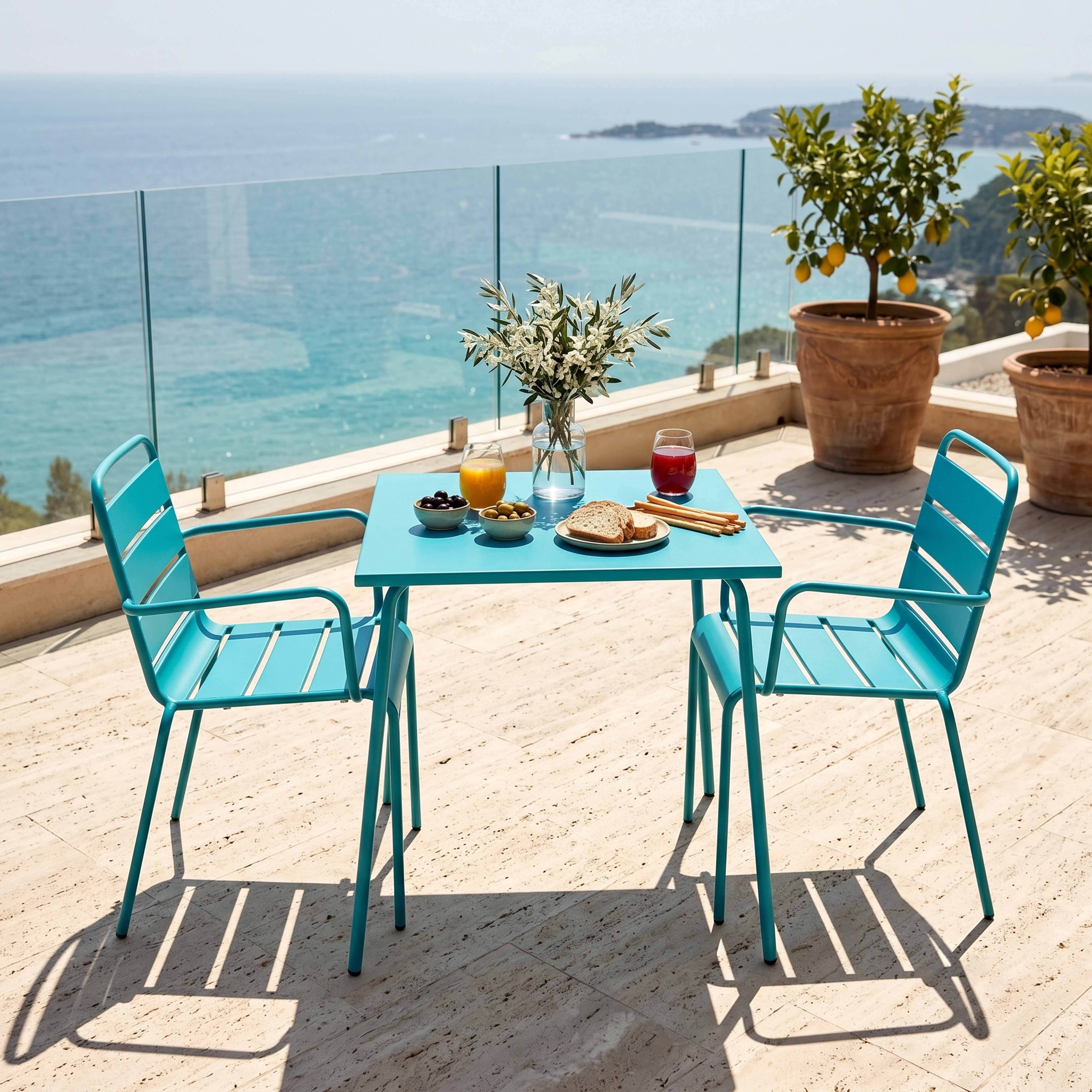 Oviala - Ensemble table de jardin carrée et 2 fauteuils acier bleu Palavas - Oviala - Image 6