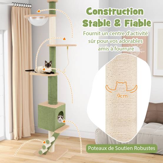 COSTWAY Arbre a Chat Plafond Cactus XXL, 218 à 253 cm Hauteur Réglable, 2Poteaux Remplaçables, Tour pour Chat à 5Niveaux, 2Poteaux à Griffer en Sisal - Image 6
