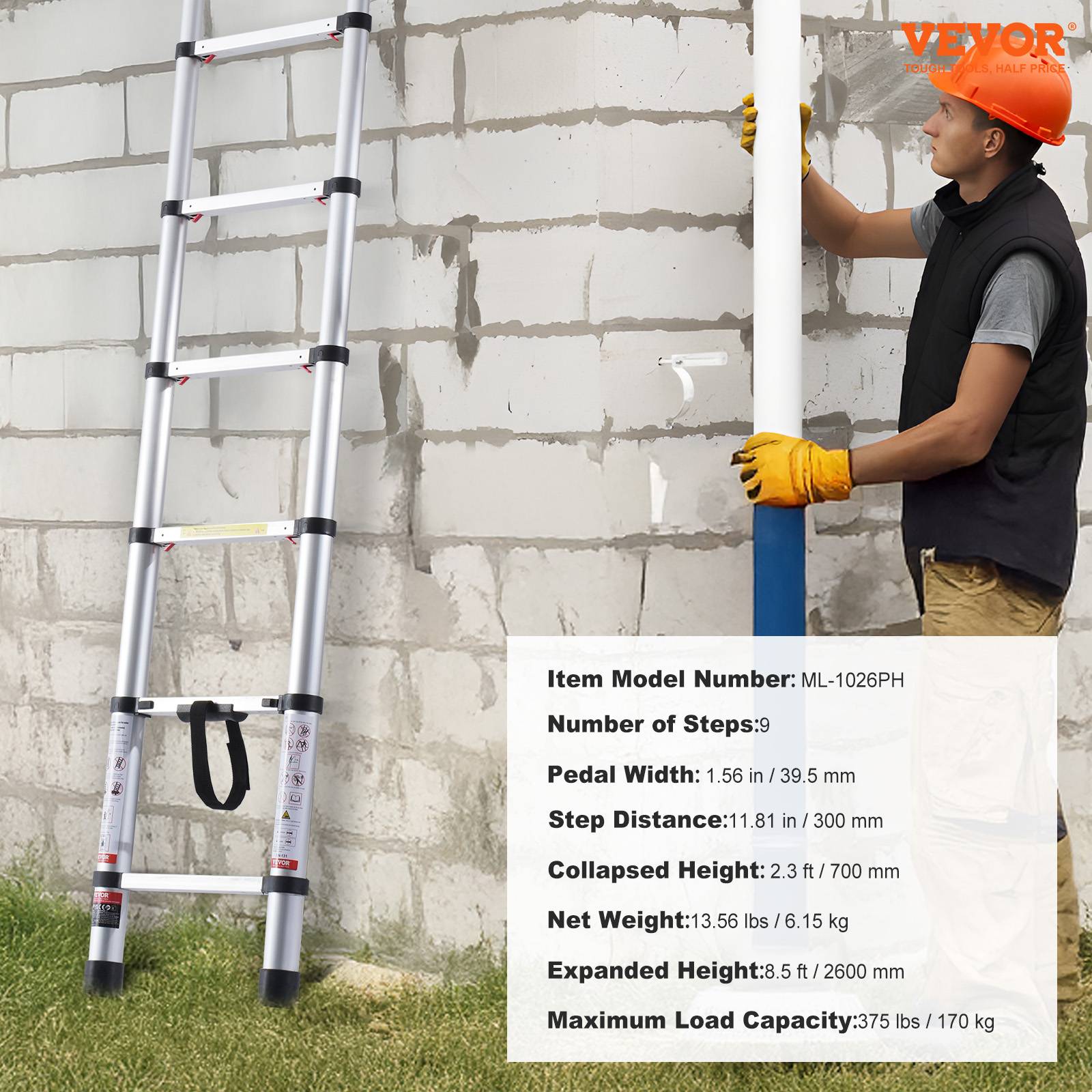 Vevor - Échelle aluminium télescopique 2.6m. Capacité 170 kg, antidérapante, pliable. Pour maison, camping-car. - Image 5
