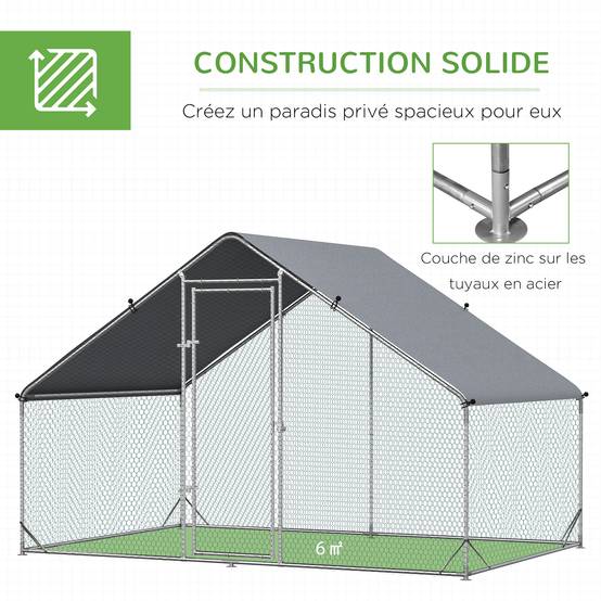 Enclos poulailler chenil volière extérieur 6 m² - Parc grillagé dim. 3L x 2l x 2H m - Espace Couvert - Acier galvanisé - Image 8