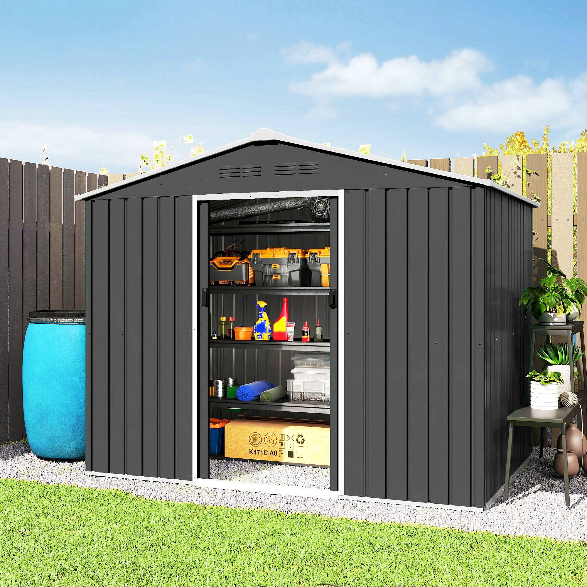 Abri jardin acier 2,3x1,7 m avec aérations double porte coulissante rangement outils extérieur gris foncé - Image 4