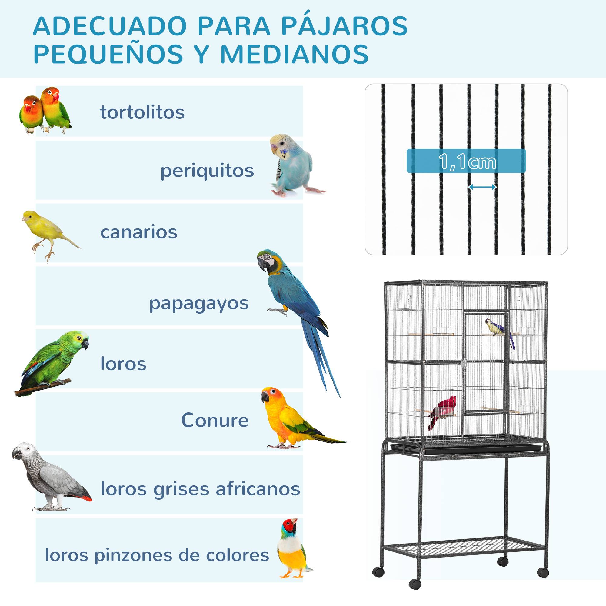 Cage à oiseaux avec roulettes métalliques Pajarera, perchoirs Comederos et support, 81 x 48 x 162,5 cm, noir et gris - Image 9