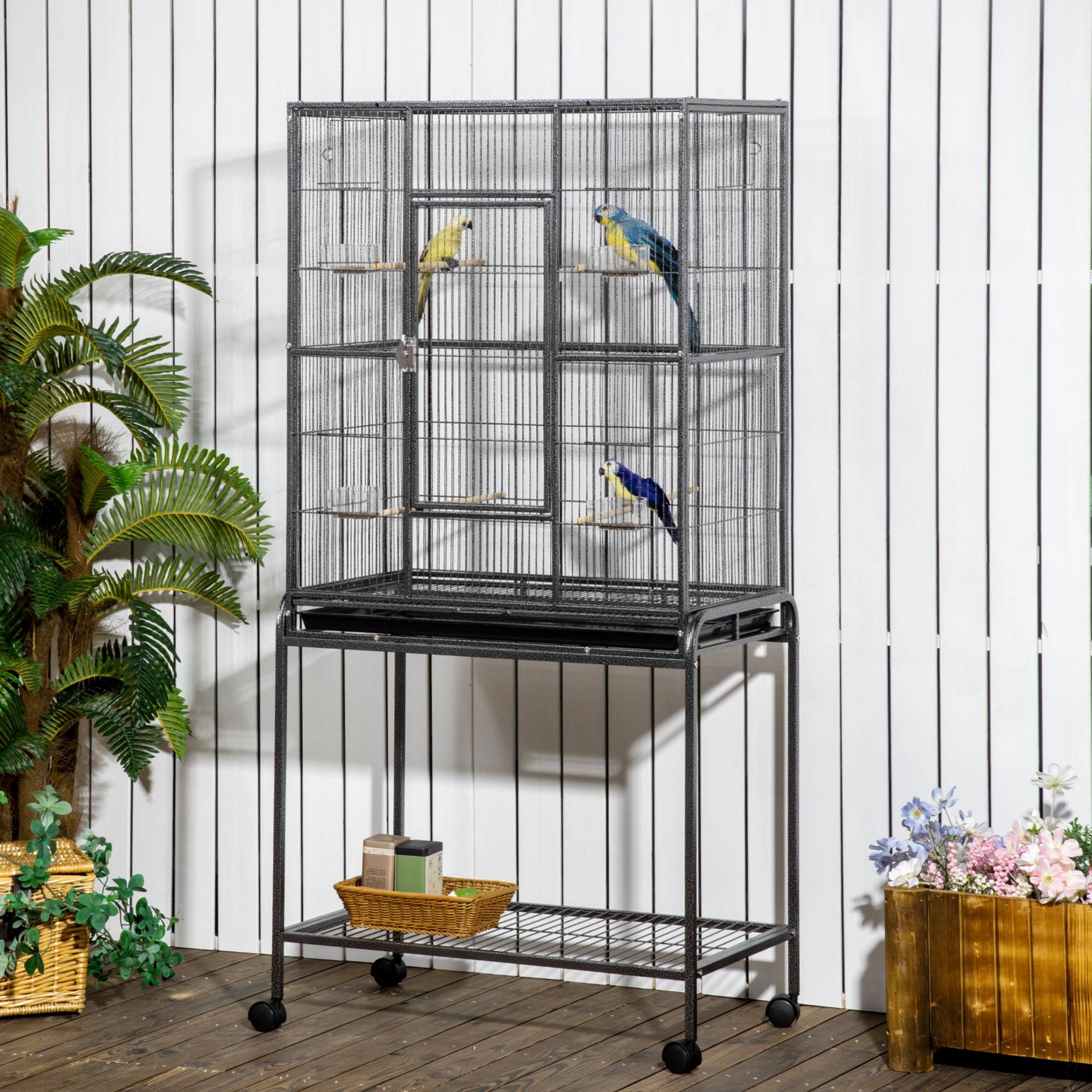 Cage à oiseaux avec roulettes métalliques Pajarera, perchoirs Comederos et support, 81 x 48 x 162,5 cm, noir et gris - Image 4