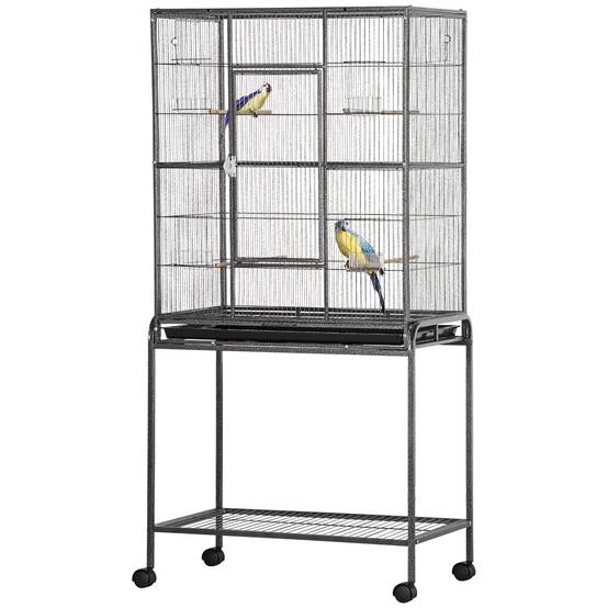 Cage à oiseaux avec roulettes métalliques Pajarera, perchoirs Comederos et support, 81 x 48 x 162,5 cm, noir et gris - Image 2
