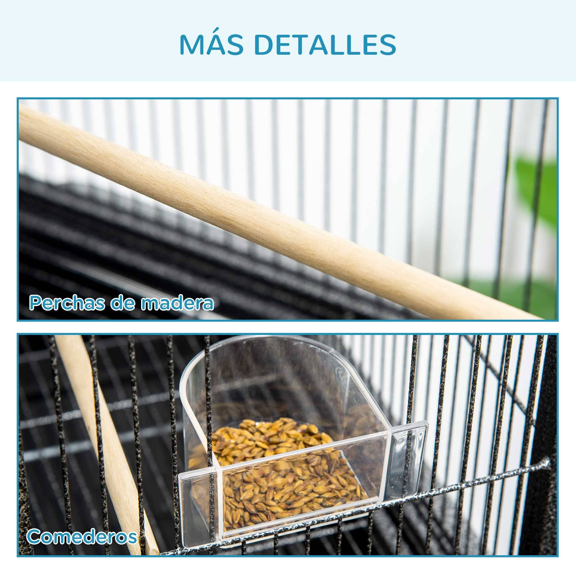 Cage à oiseaux avec roulettes métalliques Pajarera, perchoirs Comederos et support, 81 x 48 x 162,5 cm, noir et gris - Image 10
