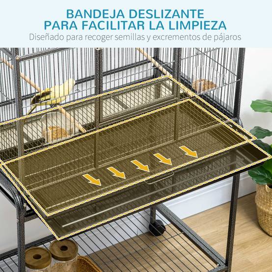 Cage à oiseaux avec roulettes métalliques Pajarera, perchoirs Comederos et support, 81 x 48 x 162,5 cm, noir et gris - Image 6