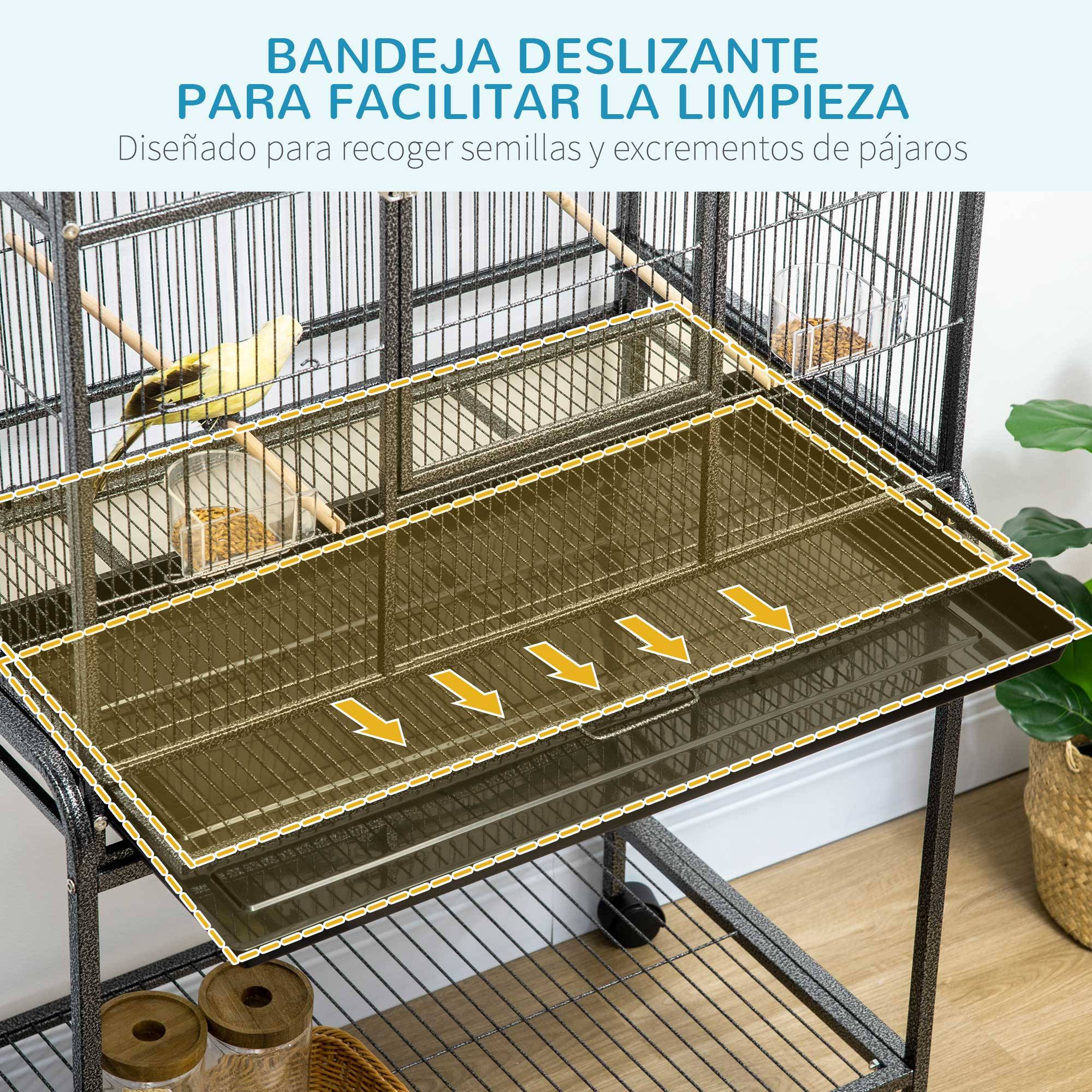 Cage à oiseaux avec roulettes métalliques Pajarera, perchoirs Comederos et support, 81 x 48 x 162,5 cm, noir et gris - Image 6