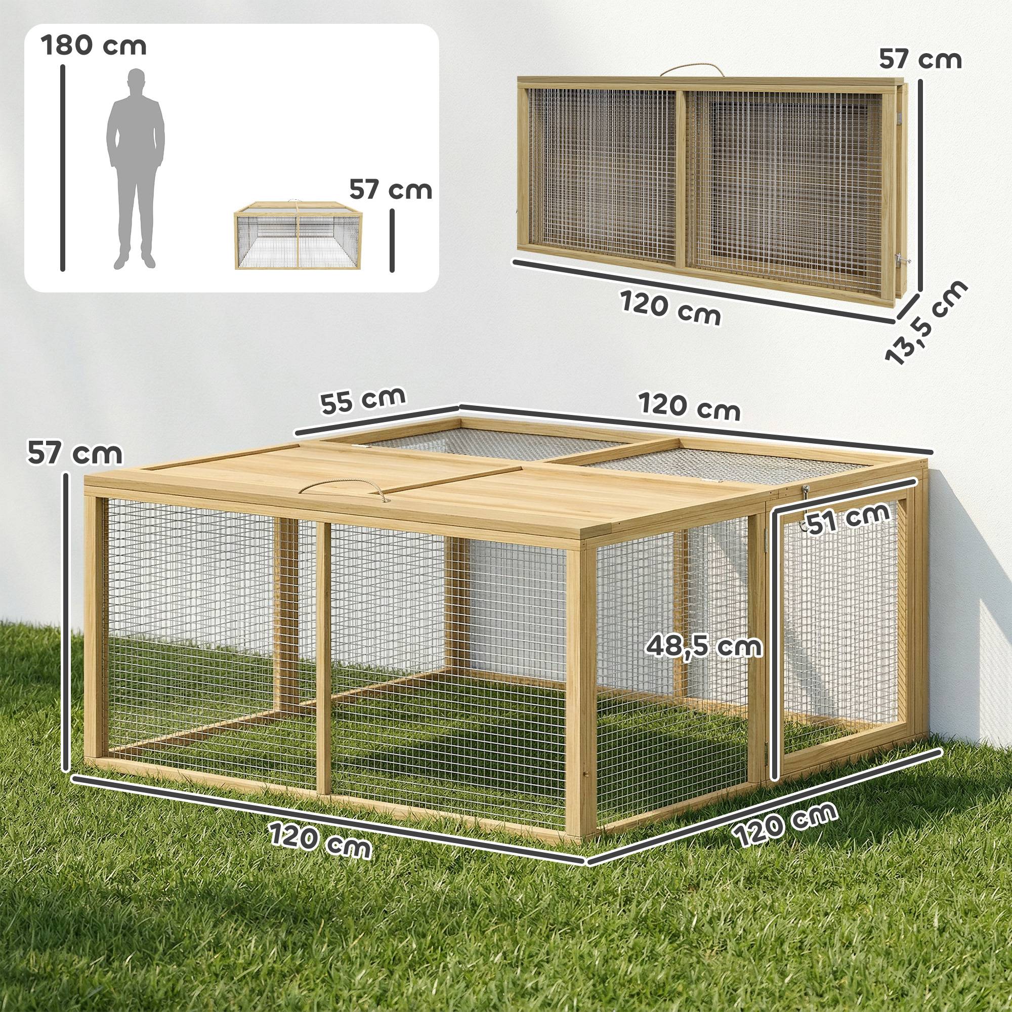 ComfortXL - Enclos pliable pour lapins en bois de sapin gris 120 x 120 x 57 cm intérieur extérieur avec toit ouvrant - Image 3