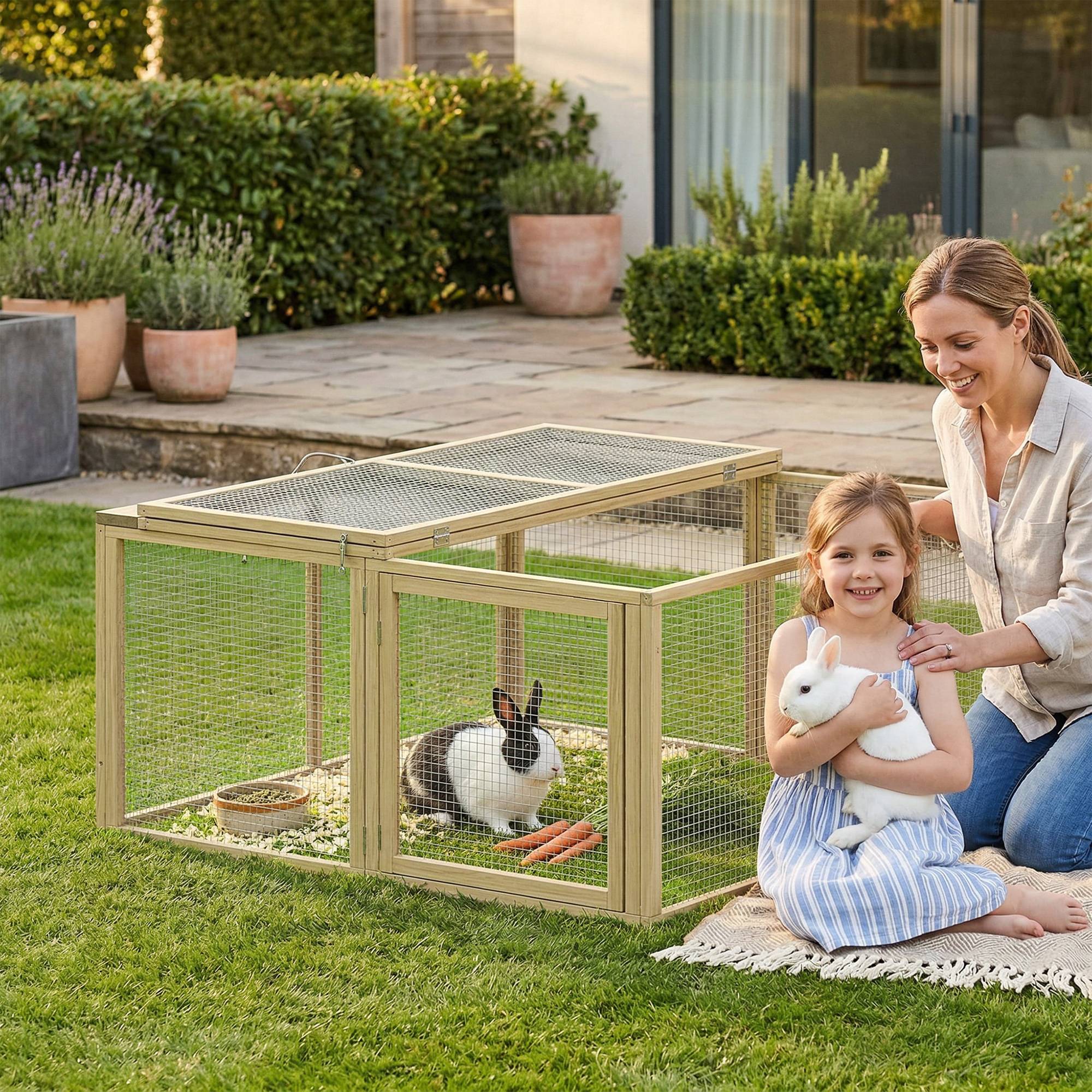 ComfortXL - Enclos pliable pour lapins en bois de sapin gris 120 x 120 x 57 cm intérieur extérieur avec toit ouvrant