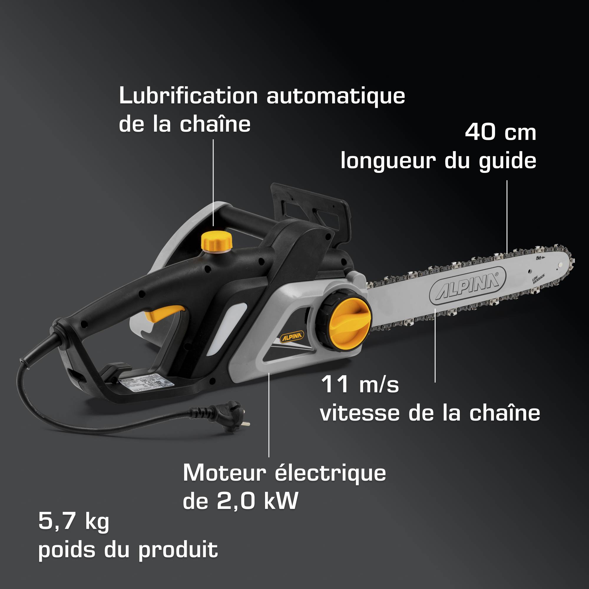 Alpina - Tronçonneuse électrique ACS 200 ET (16"), Moteur puissant 2000 W, Guide 40 cm, tension de chaîne sans outil, ergonomique - Alpina - Image 5