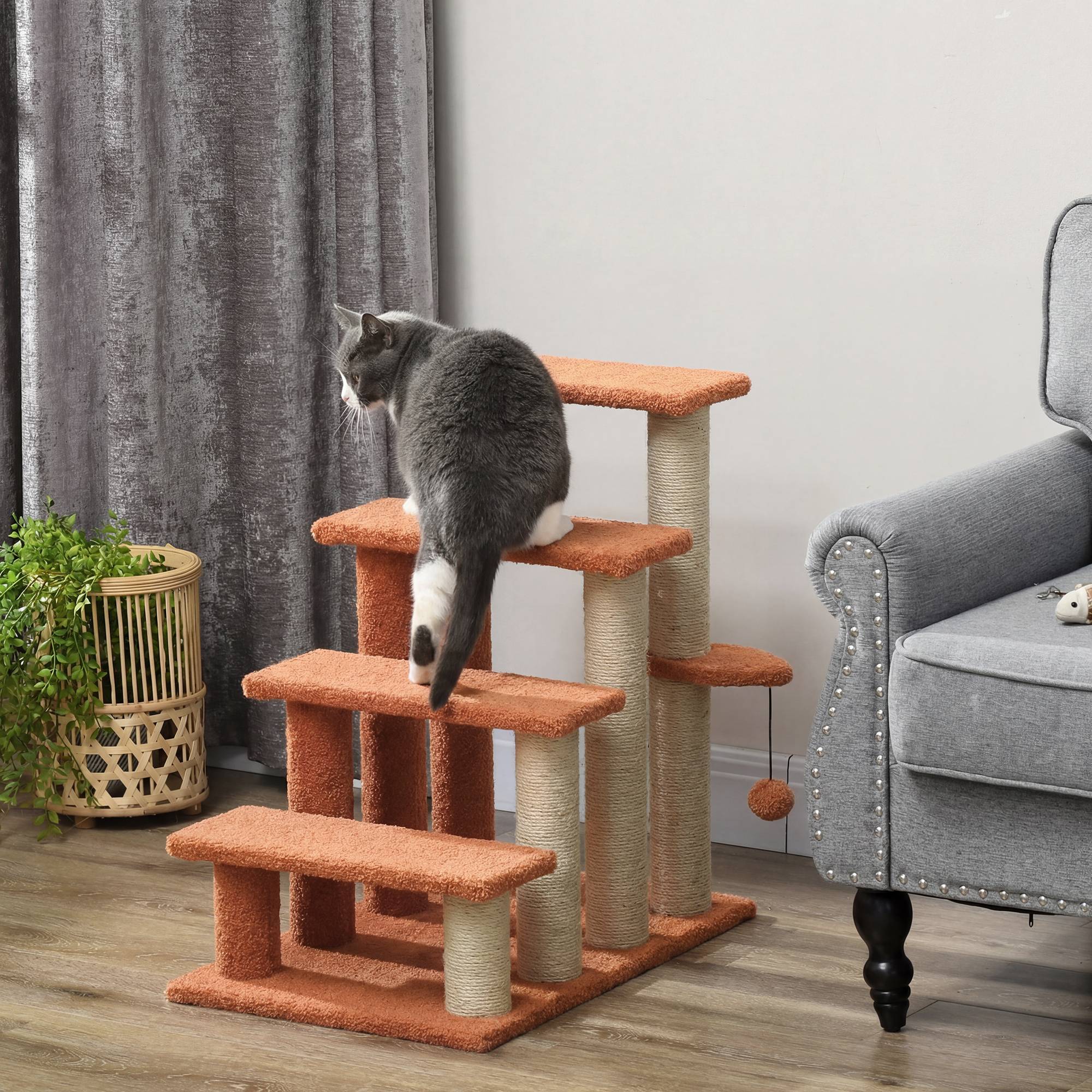 Escalier pour animaux, arbre à chat, 4 marches, animaux jusqu'à 5 kg, 60x40x64cm, marron - Image 3