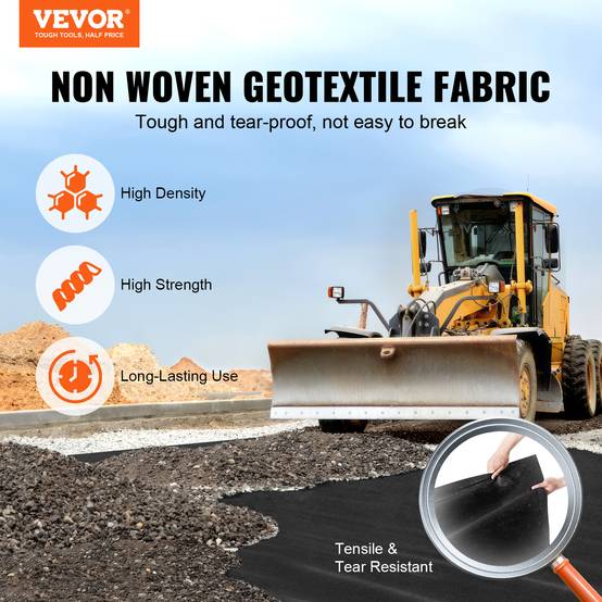 VEVOR Géotextile non tissé 1.8x15.2m, 271 g/m², perméable, pour drainage et aménagement paysager, noir. - Image 2
