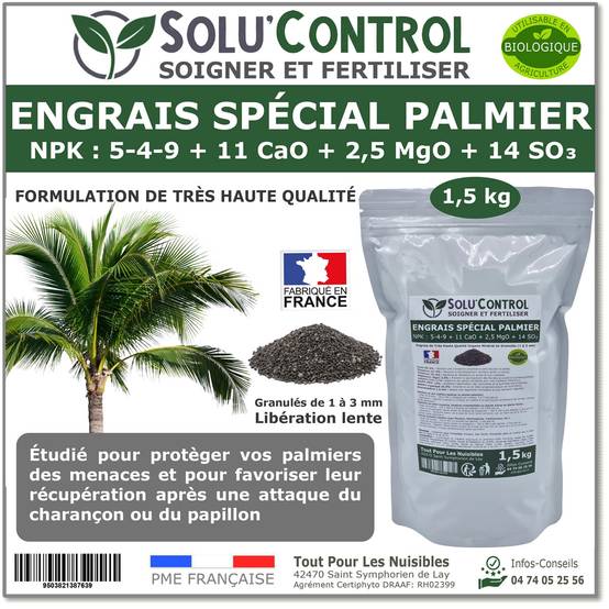 SOLU’CONTROL - Engrais Spécial Palmier 1,5 kg - Formulation haute qualité Organo-Minerale - Idéal après attaque charançon rouge, papillon du palmier - Image 1