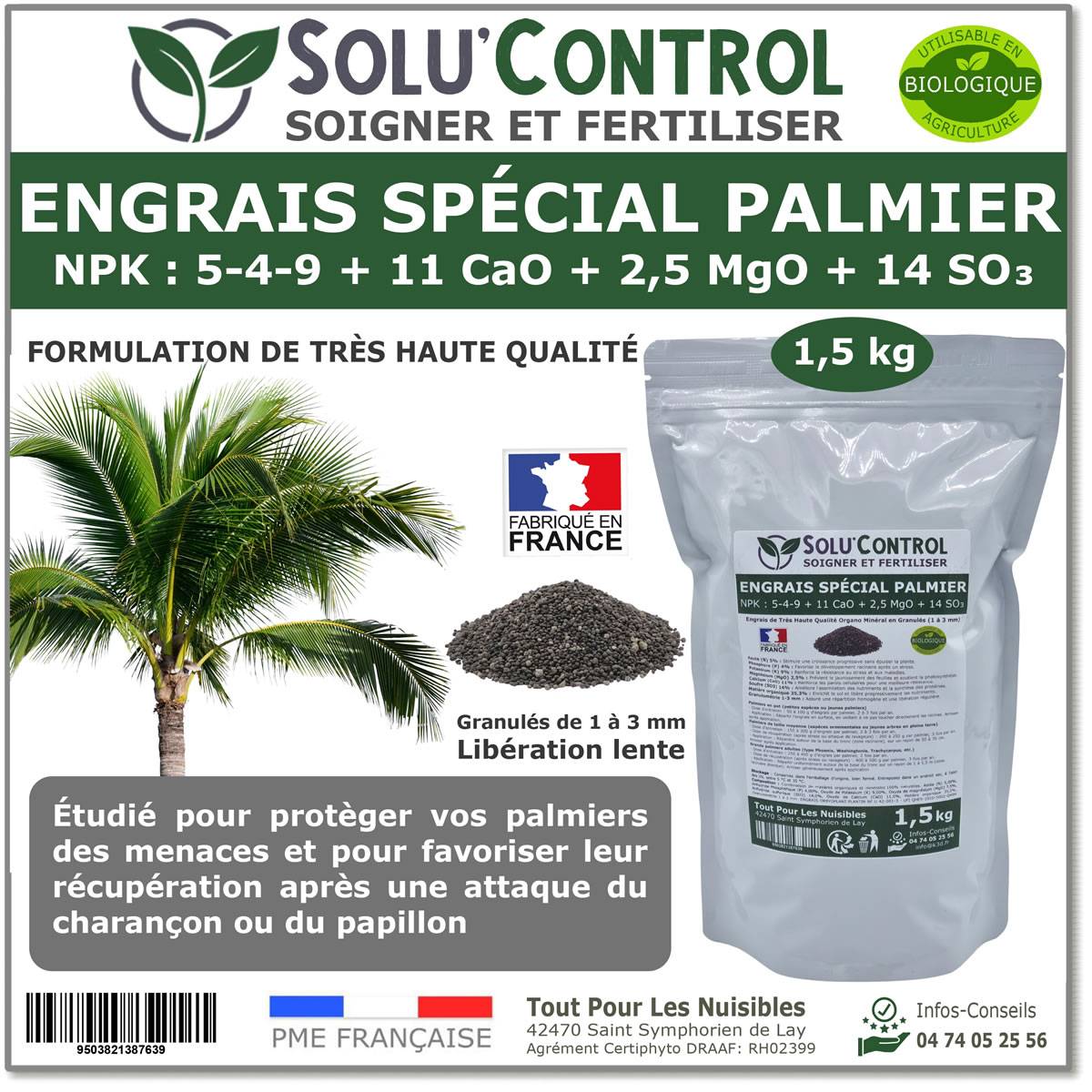 SOLU’CONTROL - Engrais Spécial Palmier 1,5 kg - Formulation haute qualité Organo-Minerale - Idéal après attaque  charançon rouge, papillon du palmier - Image 1