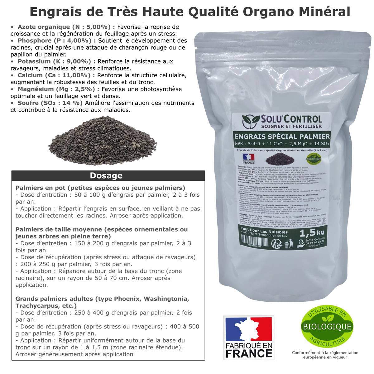 SOLU’CONTROL - Engrais Spécial Palmier 1,5 kg - Formulation haute qualité Organo-Minerale - Idéal après attaque charançon rouge, papillon du palmier - Image 2