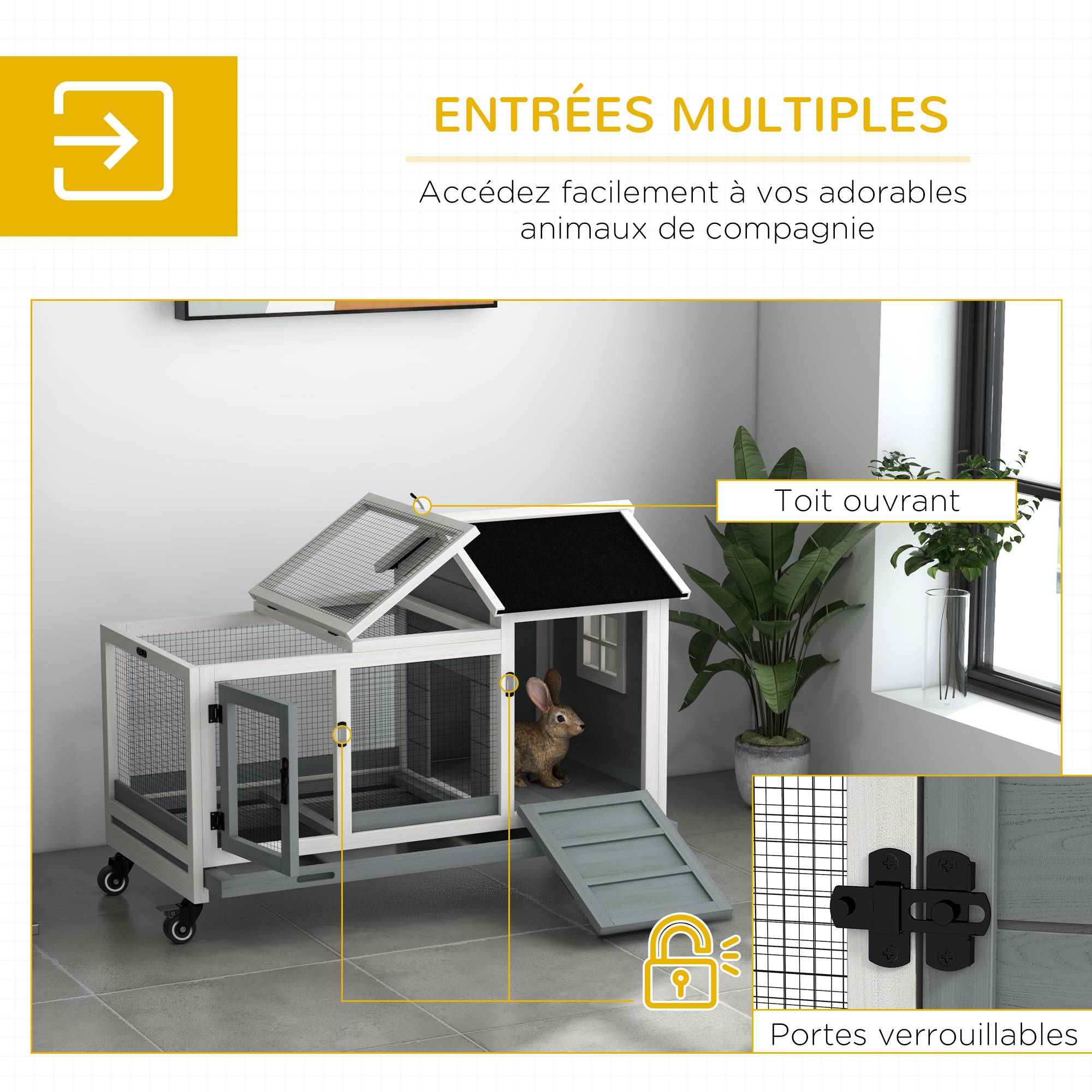Clapier cage à lapins rongeurs sur roulettes 2 portes verrouillables - dim. 108L x 58l x 73,5H cm - bois massif - Image 7