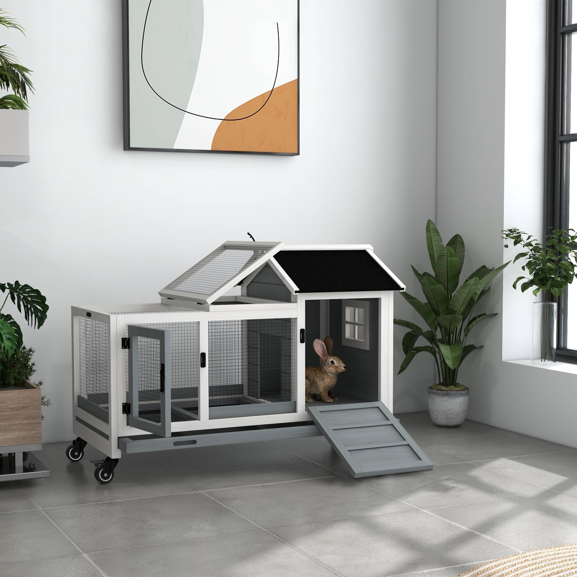 Clapier cage à lapins rongeurs sur roulettes 2 portes verrouillables - dim. 108L x 58l x 73,5H cm - bois massif - Image 4