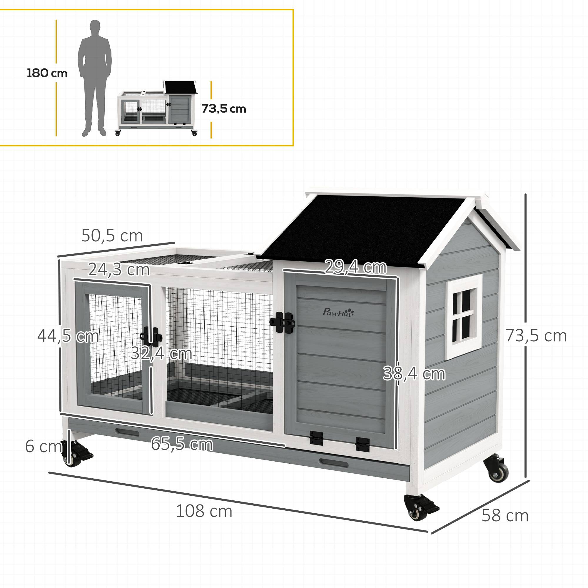 Clapier cage à lapins rongeurs sur roulettes 2 portes verrouillables - dim. 108L x 58l x 73,5H cm - bois massif - Image 5
