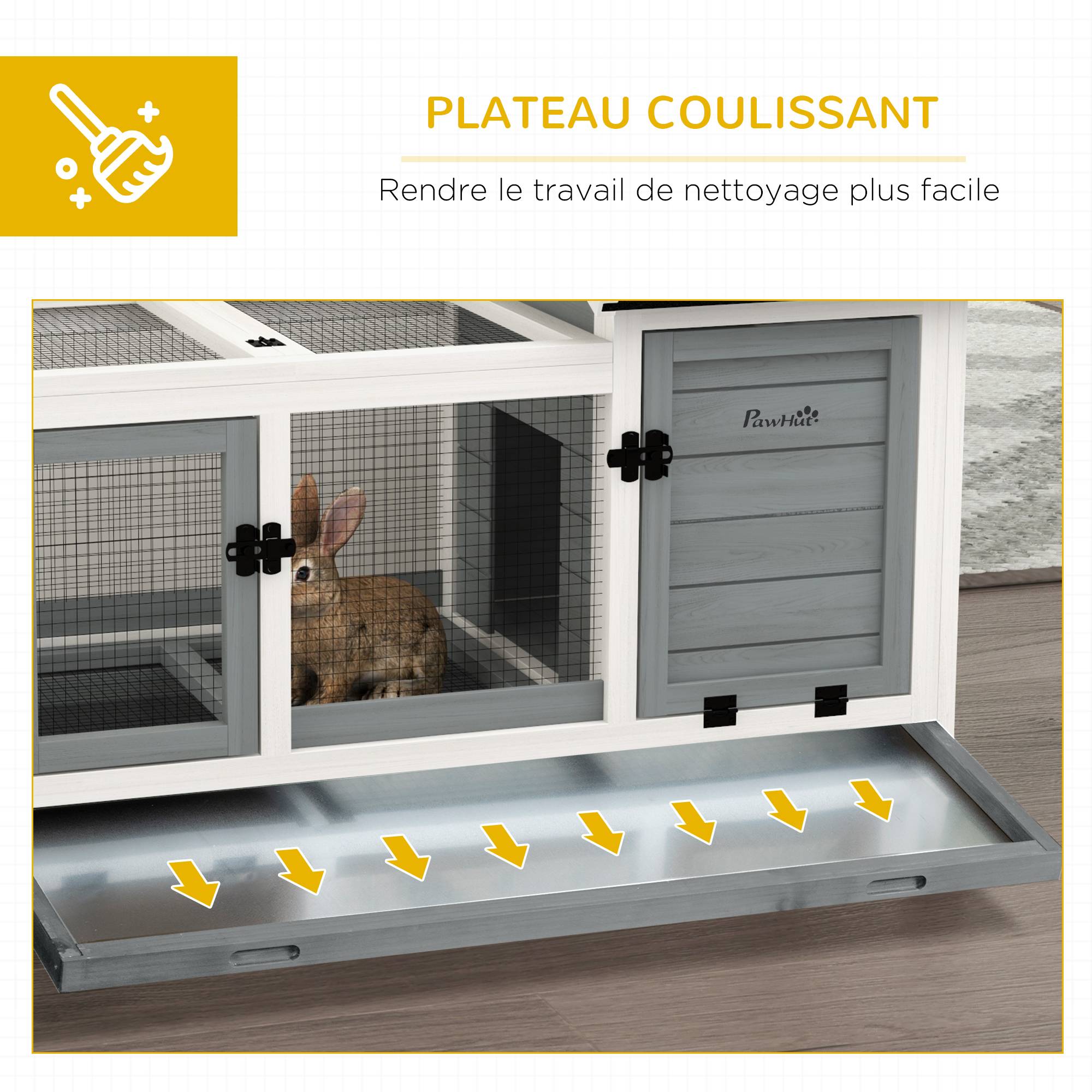 Clapier cage à lapins rongeurs sur roulettes 2 portes verrouillables - dim. 108L x 58l x 73,5H cm - bois massif - Image 8
