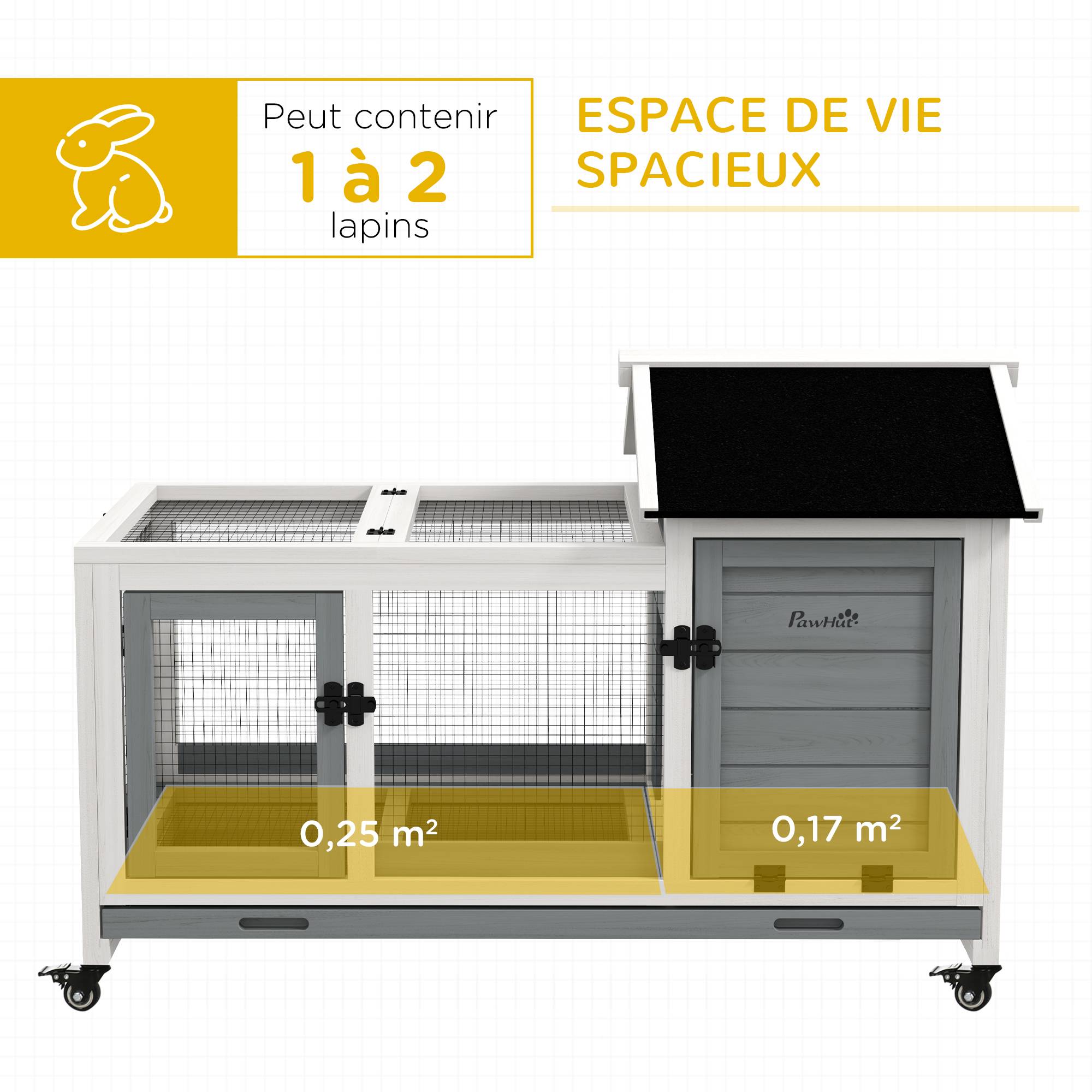 Clapier cage à lapins rongeurs sur roulettes 2 portes verrouillables - dim. 108L x 58l x 73,5H cm - bois massif - Image 6
