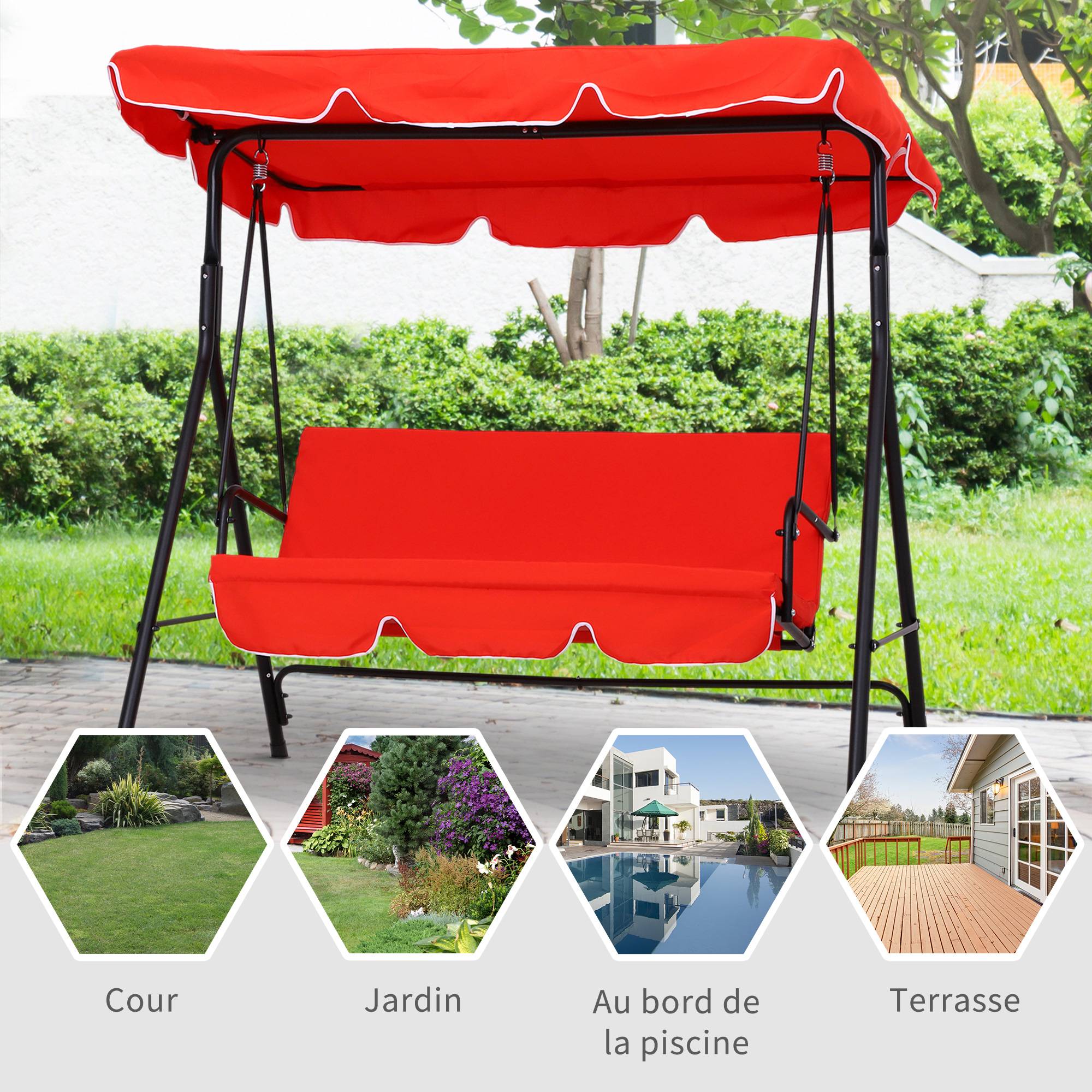 Outsunny - Balancelle de jardin 3 places toit inclinaison réglable coussins assise et dossier 1,72L x 1,1l x 1,52H m acier noir polyester rouge - Outsunny - Image 7