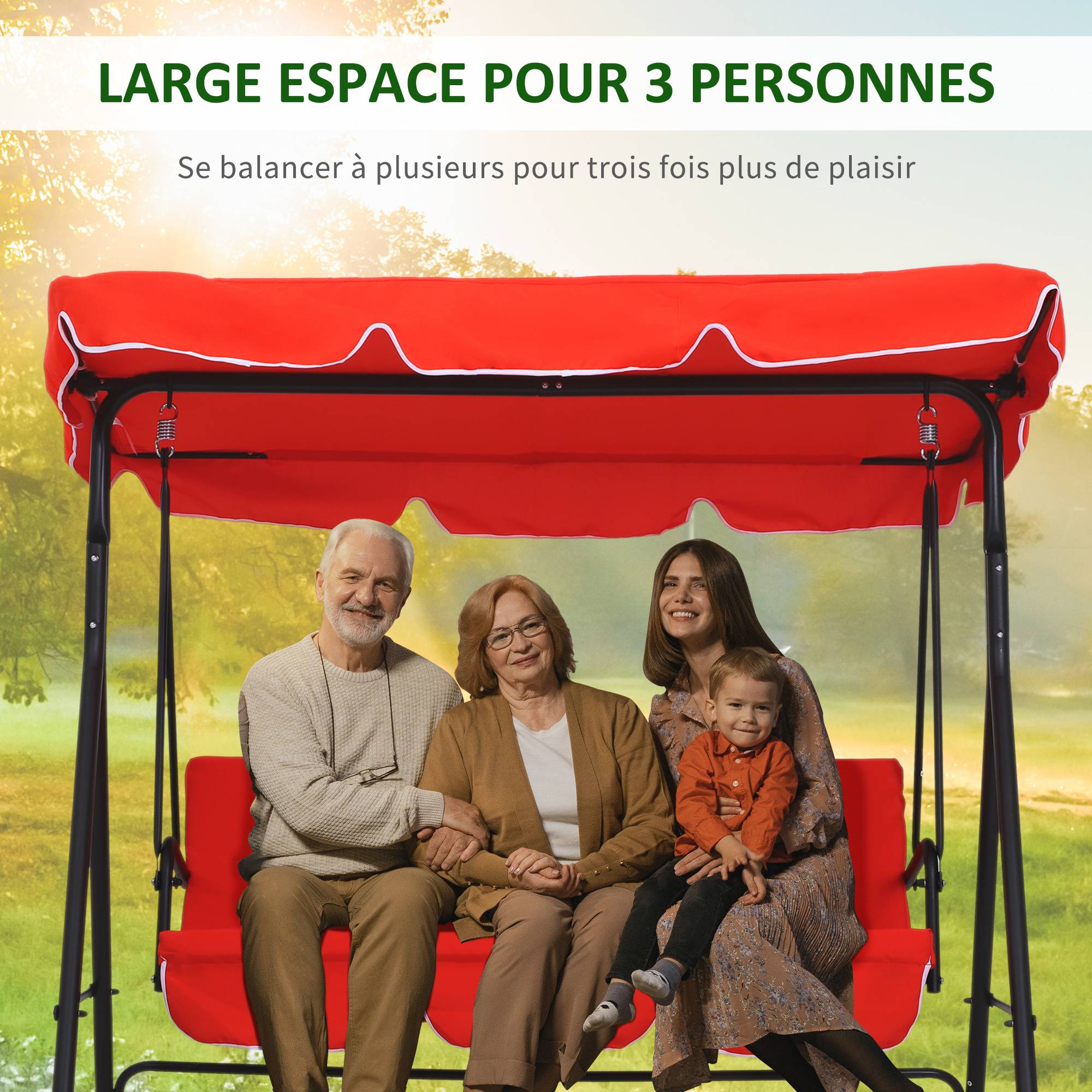 Outsunny - Balancelle de jardin 3 places toit inclinaison réglable coussins assise et dossier 1,72L x 1,1l x 1,52H m acier noir polyester rouge - Outsunny - Image 4