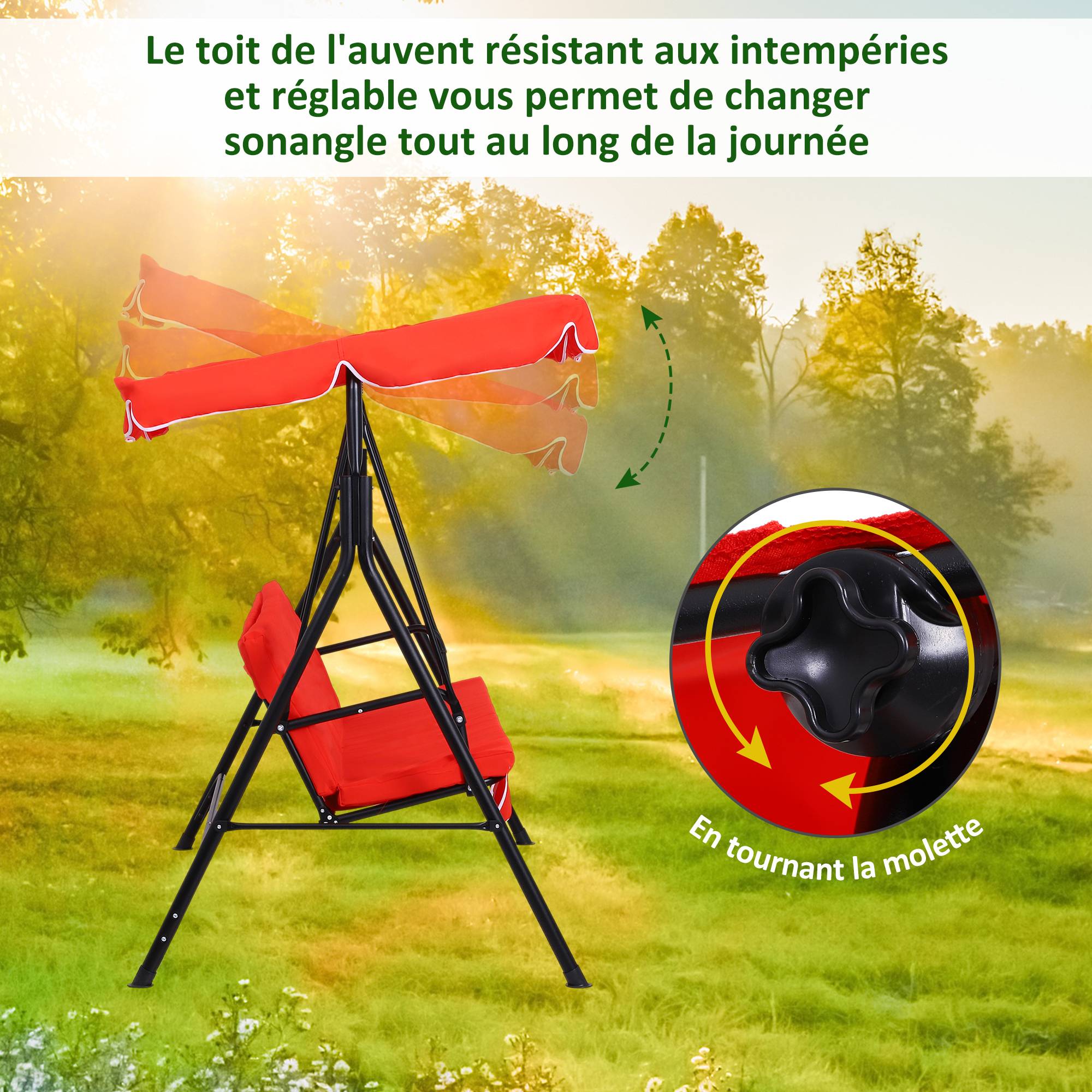 Outsunny - Balancelle de jardin 3 places toit inclinaison réglable coussins assise et dossier 1,72L x 1,1l x 1,52H m acier noir polyester rouge - Outsunny - Image 5