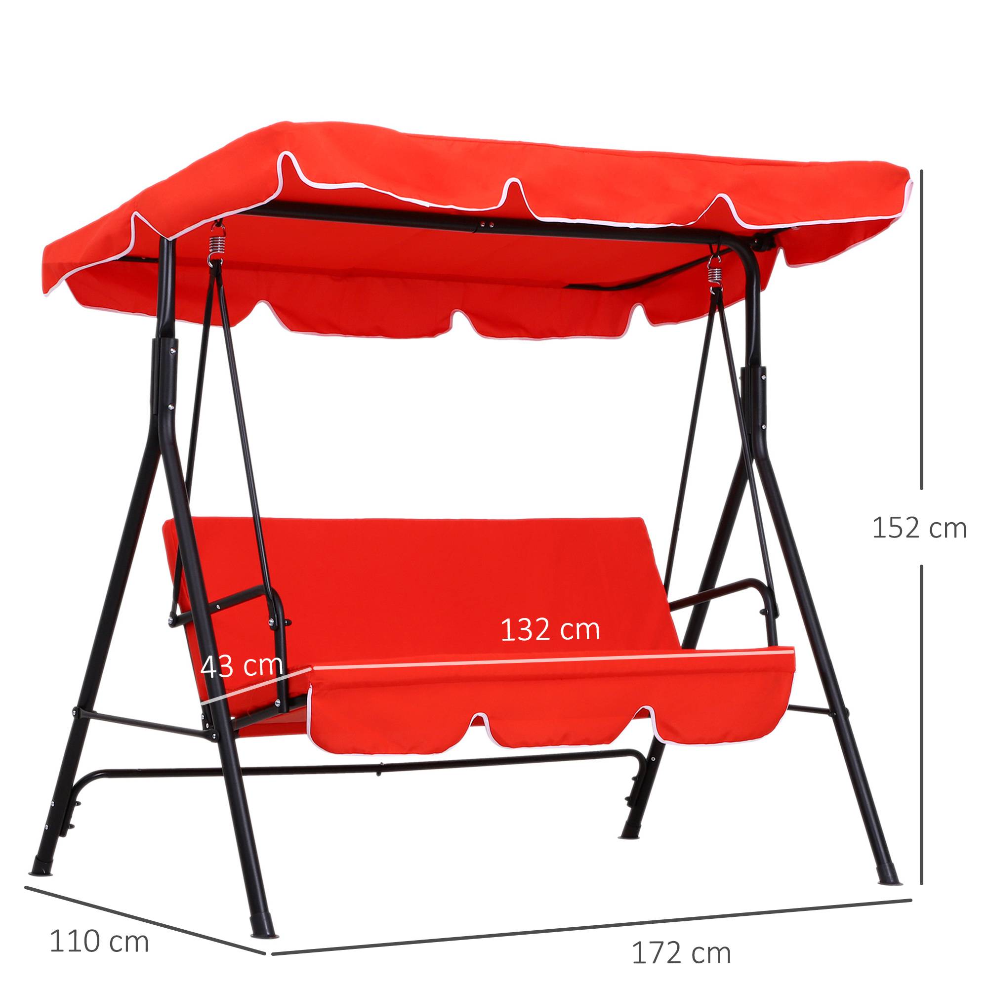 Outsunny - Balancelle de jardin 3 places toit inclinaison réglable coussins assise et dossier 1,72L x 1,1l x 1,52H m acier noir polyester rouge - Outsunny - Image 3